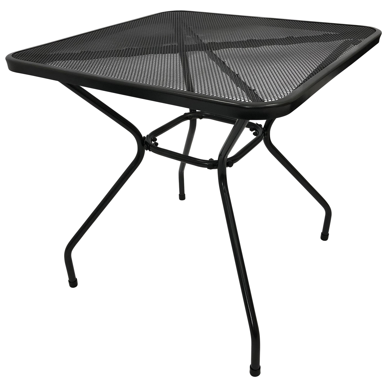 Ein schwarzer Metalltisch mit quadratischer, perforierter Tischplatte und vier Beinen.