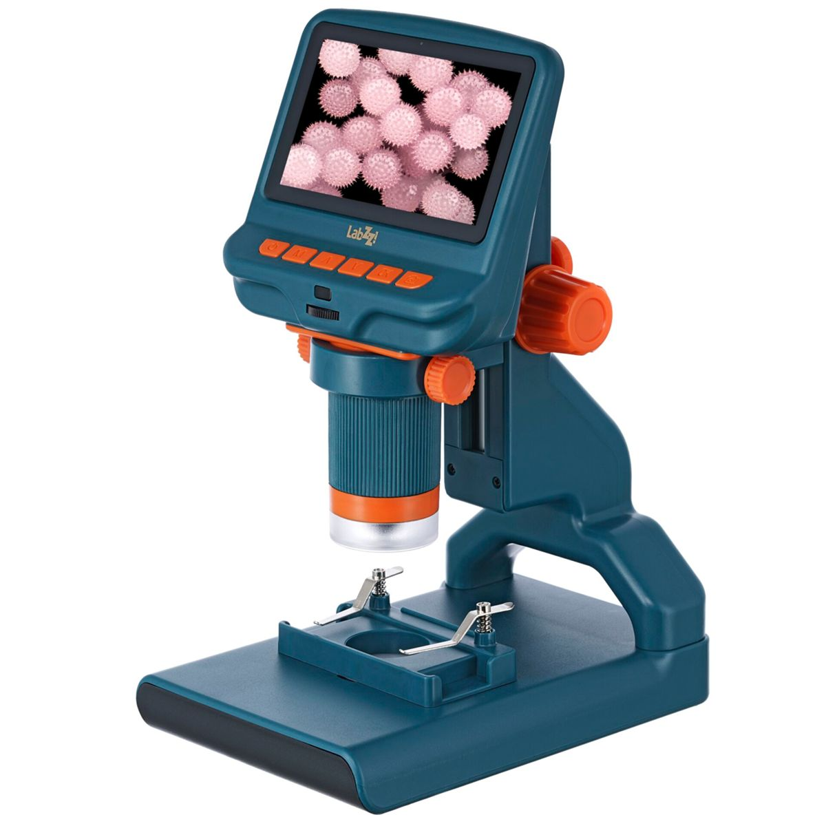 Ein digitales Mikroskop mit blauem Gehäuse und orangefarbenen Akzenten zeigt rosafarbene Zellen auf dem Bildschirm.