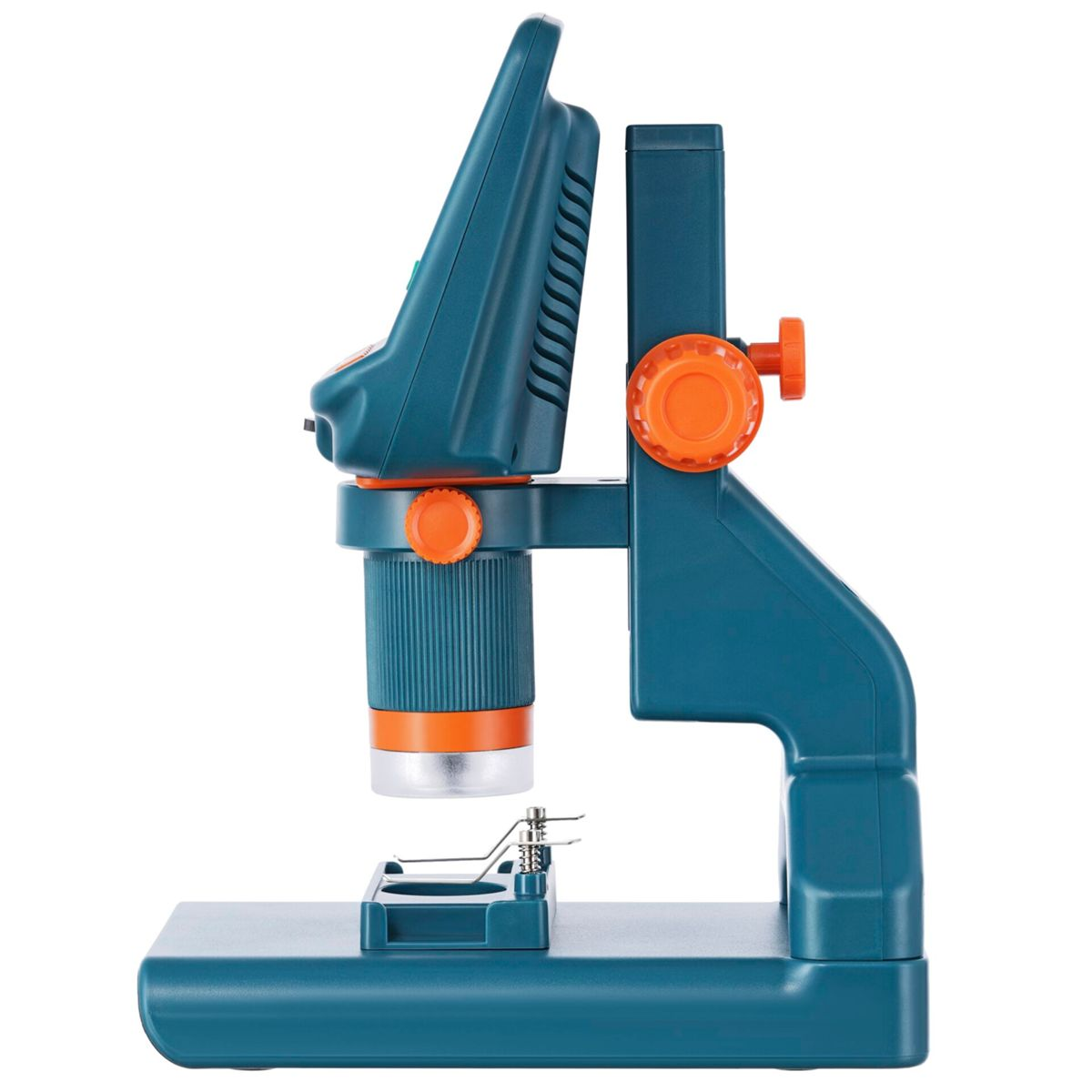 Ein blauer und oranger Digitalmikroskop mit einem Bildschirm und Fokusknöpfen.