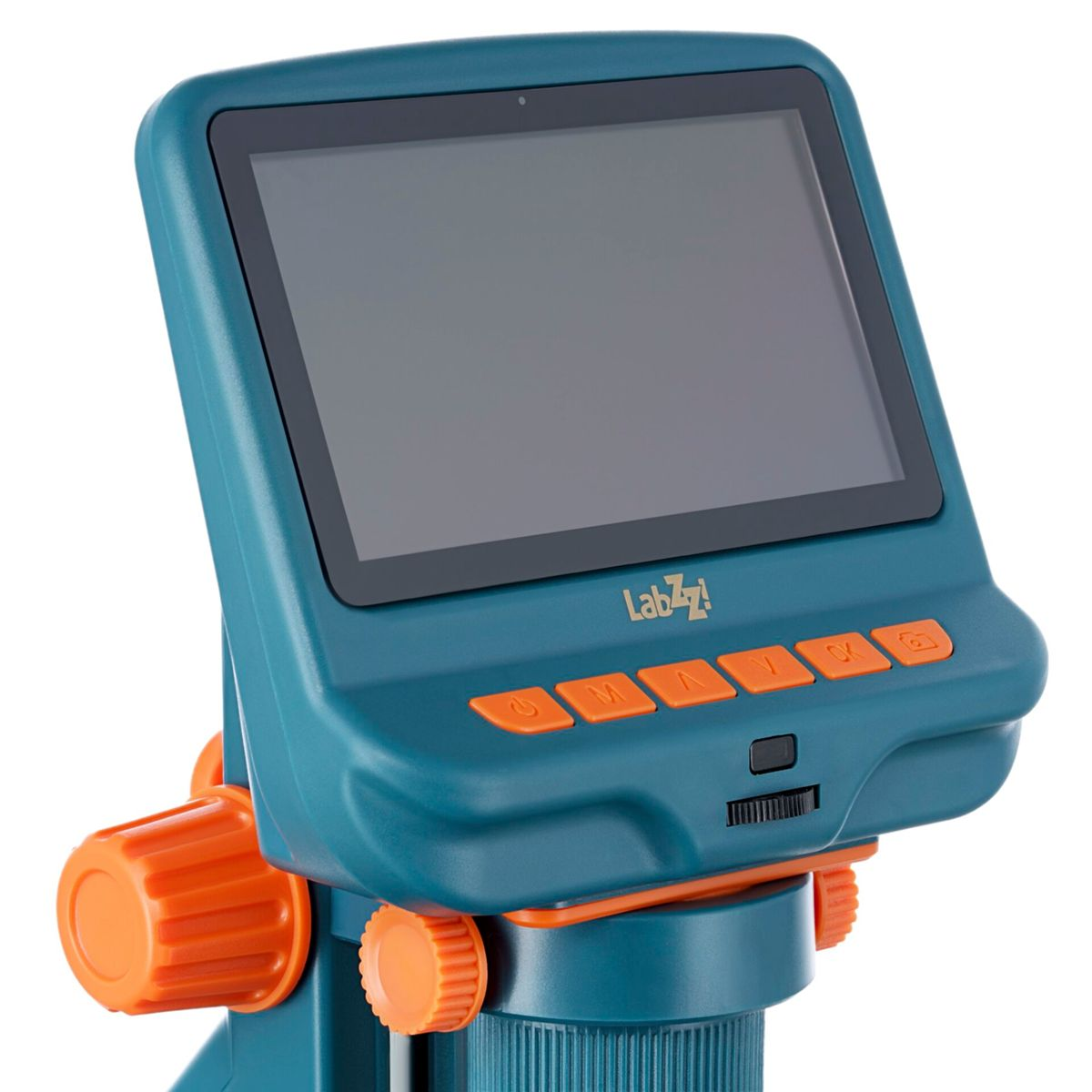 Ein tealfarbenes digitales Mikroskop mit orangefarbenen Knöpfen und einem Bildschirm.