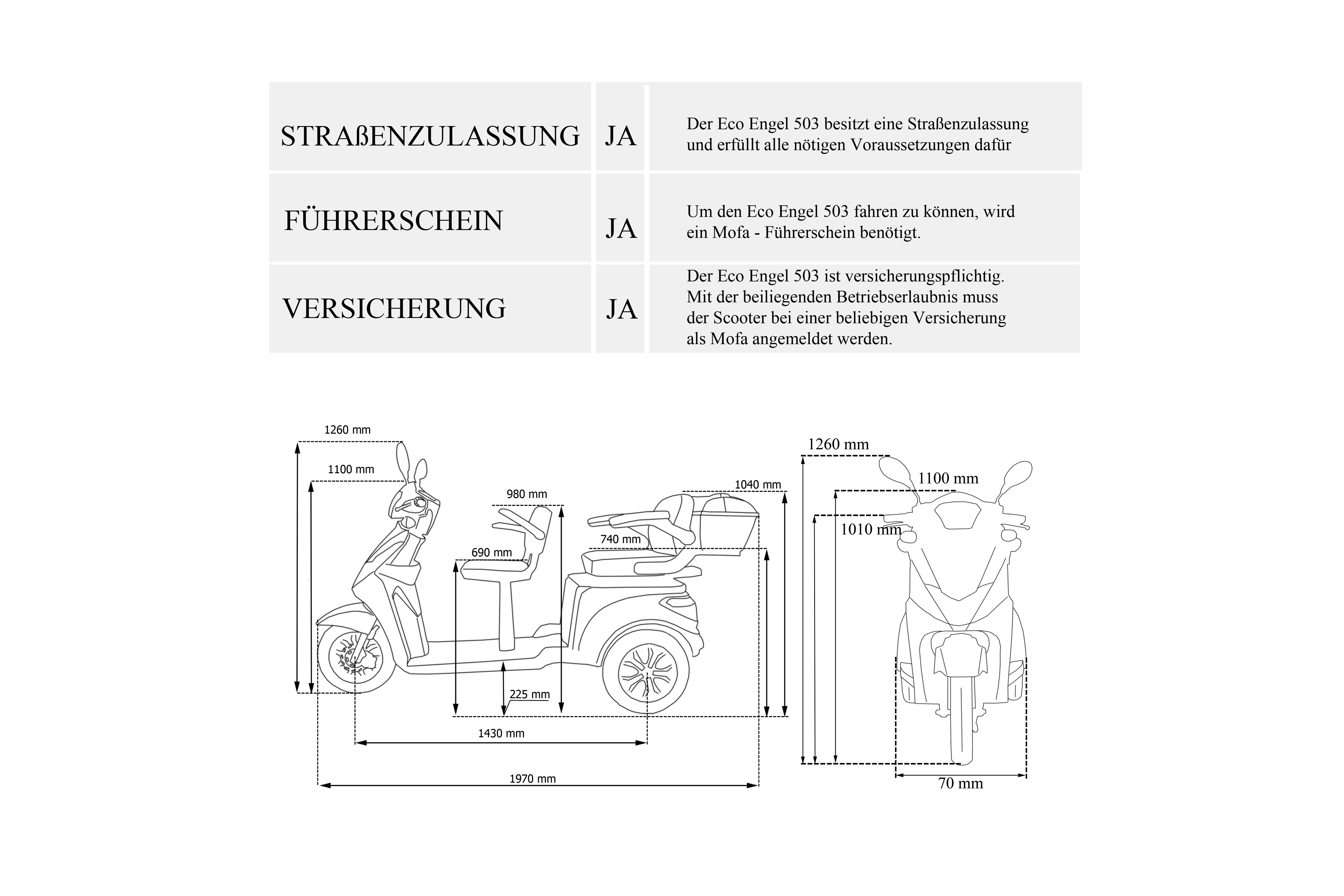 Technische Zeichnung eines dreirädrigen Rollers mit Maßen und Zulassungsinformationen.