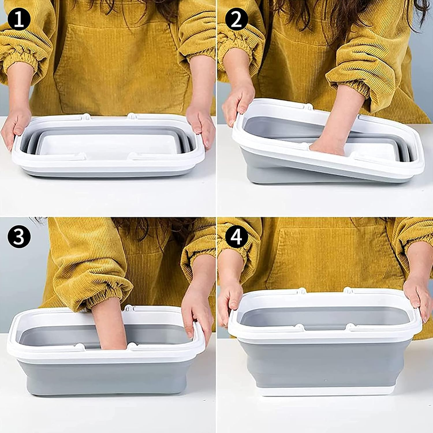 Vier Bilder zeigen das Falten eines grauen und weißen Behälters. Bild 1: flach, Bild 2-3: zusammenklappbar, Bild 4: gefaltet.