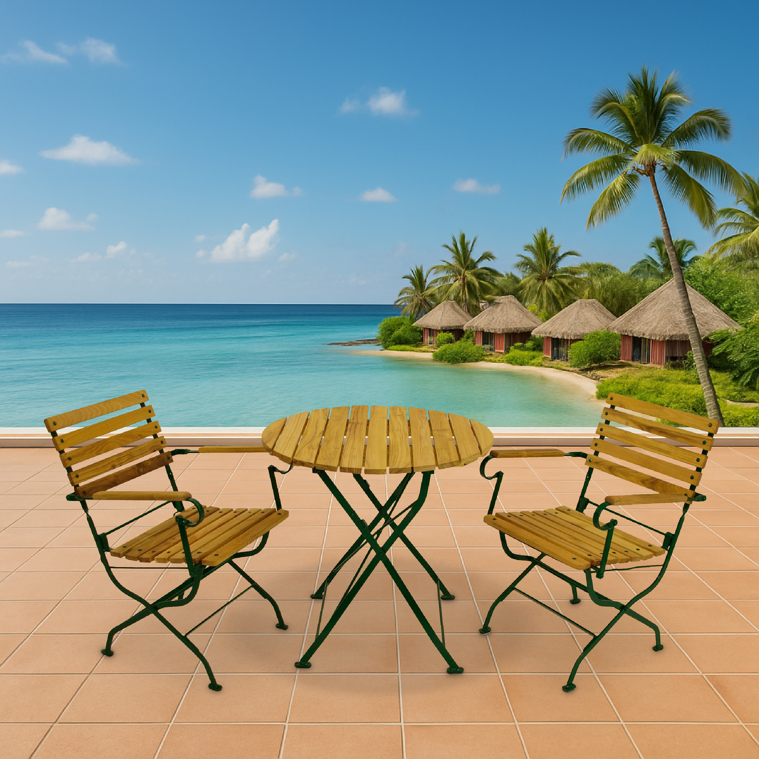 Ein Holztisch und zwei Stühle auf einer Terrasse mit Blick auf das Meer und Hütten.