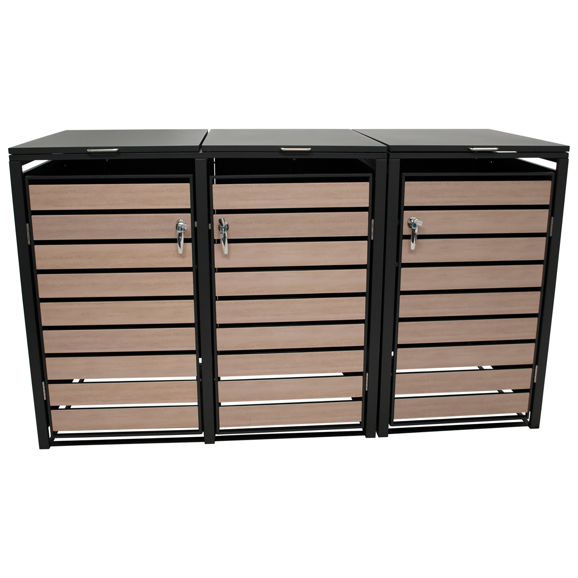 Drei Mülltonnenboxen mit Holzlaminatfronten und schwarzen Metallrahmen.