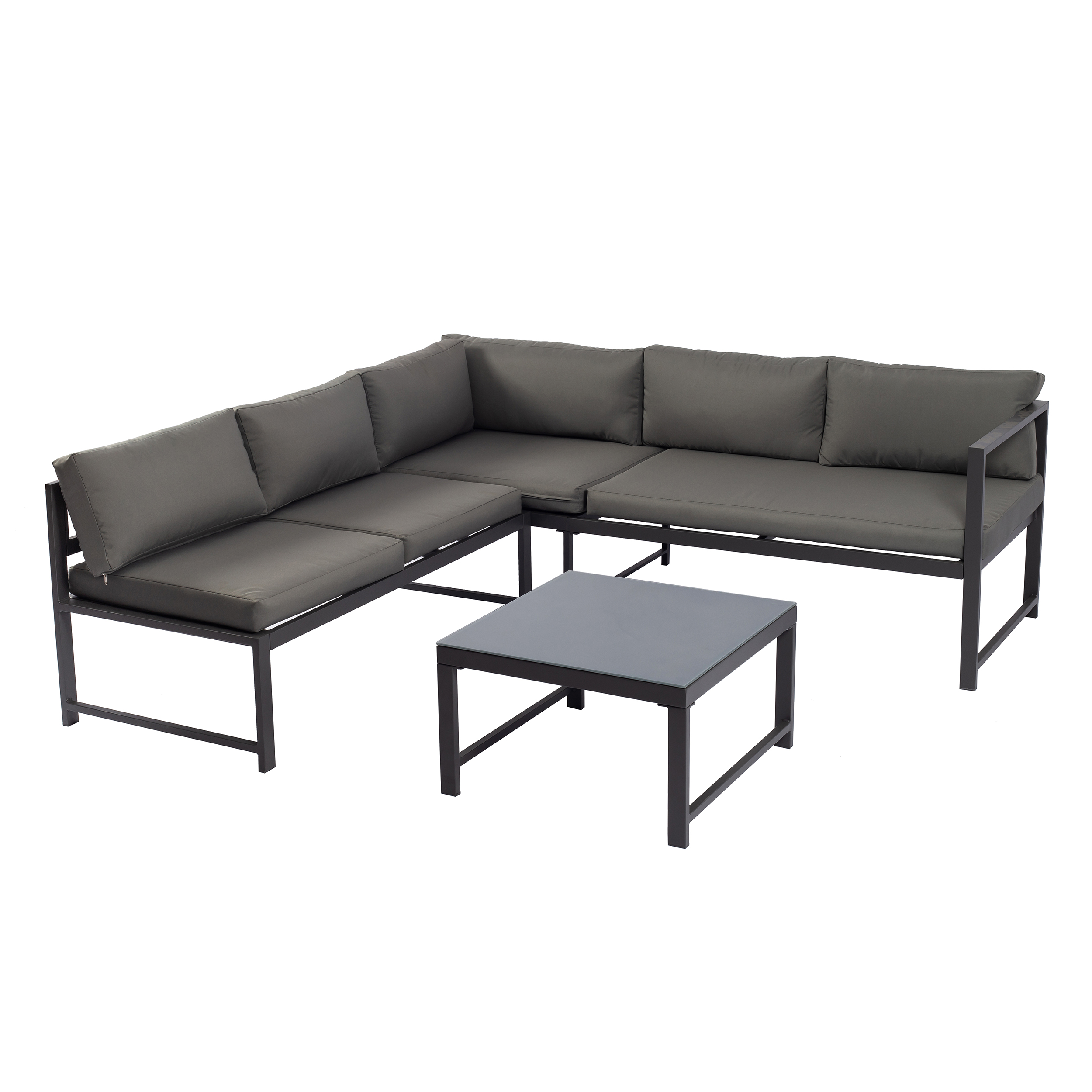 Ein graues Ecksofa mit einem Tisch. Das Sofa hat schwarze Metallbeine.
