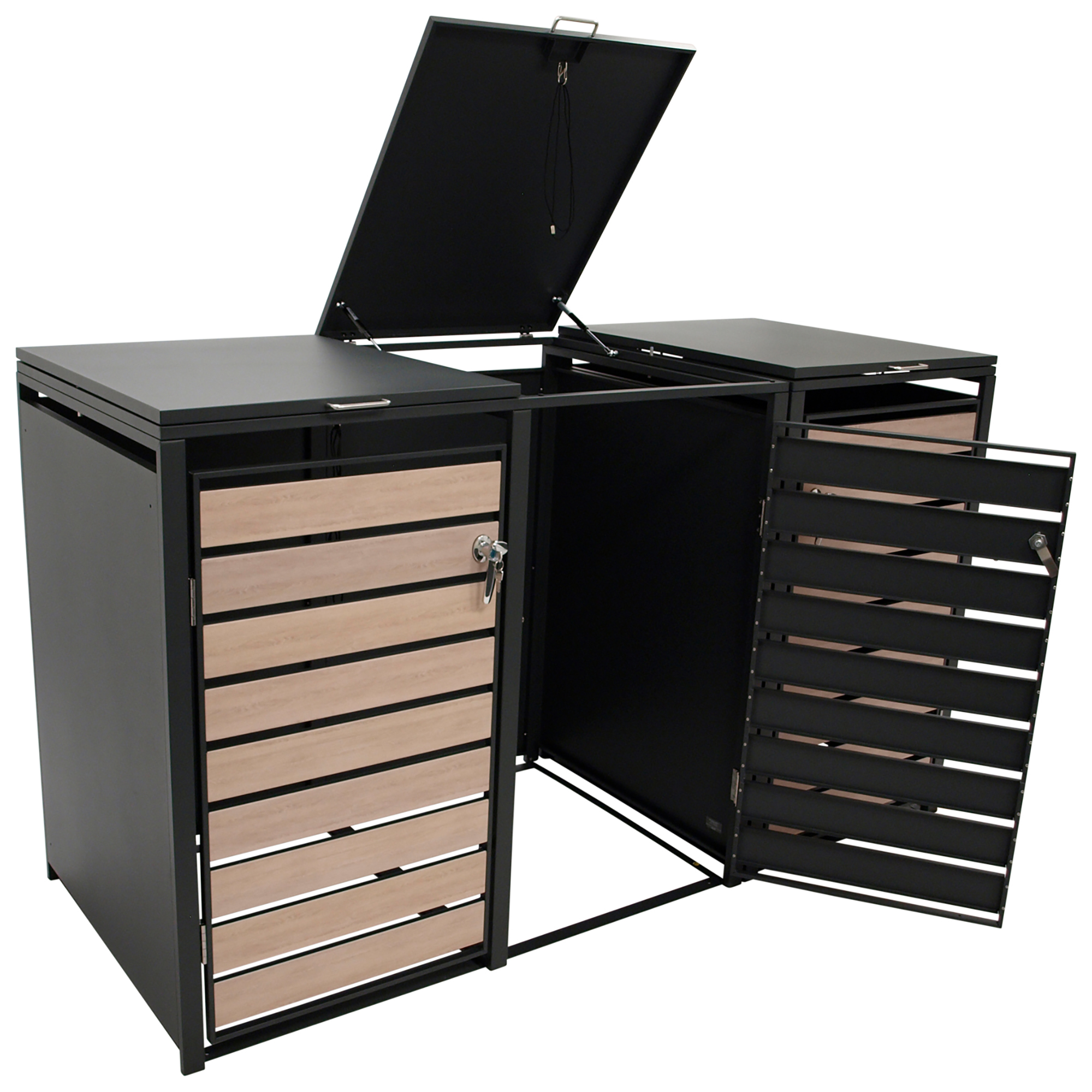 Schwarzer Mülltonnenbox mit Holzlaminat-Türen und offenem Deckel.