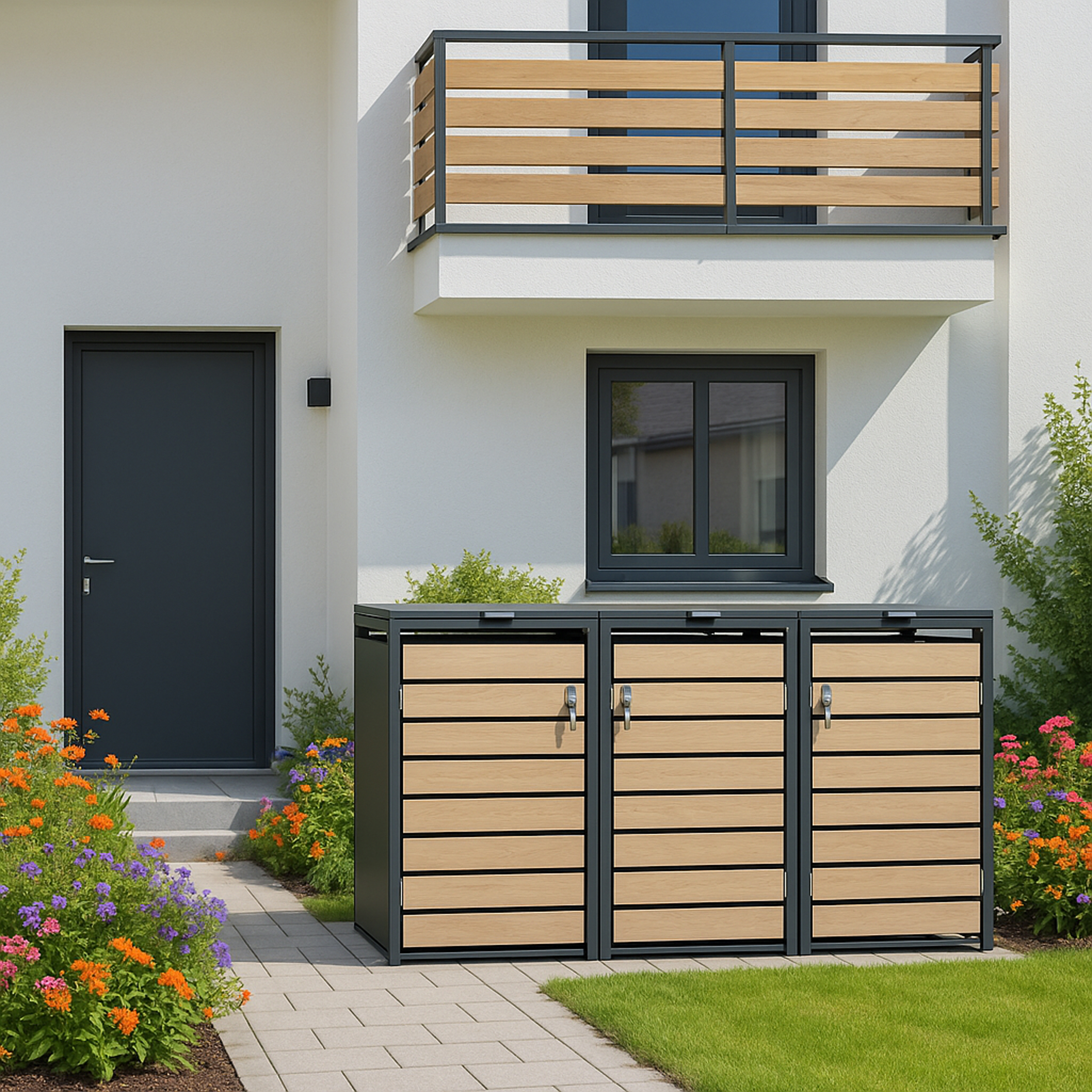 Drei Mülltonnenboxen mit Holzoptik vor einem modernen Haus mit Tür und Fenster.
