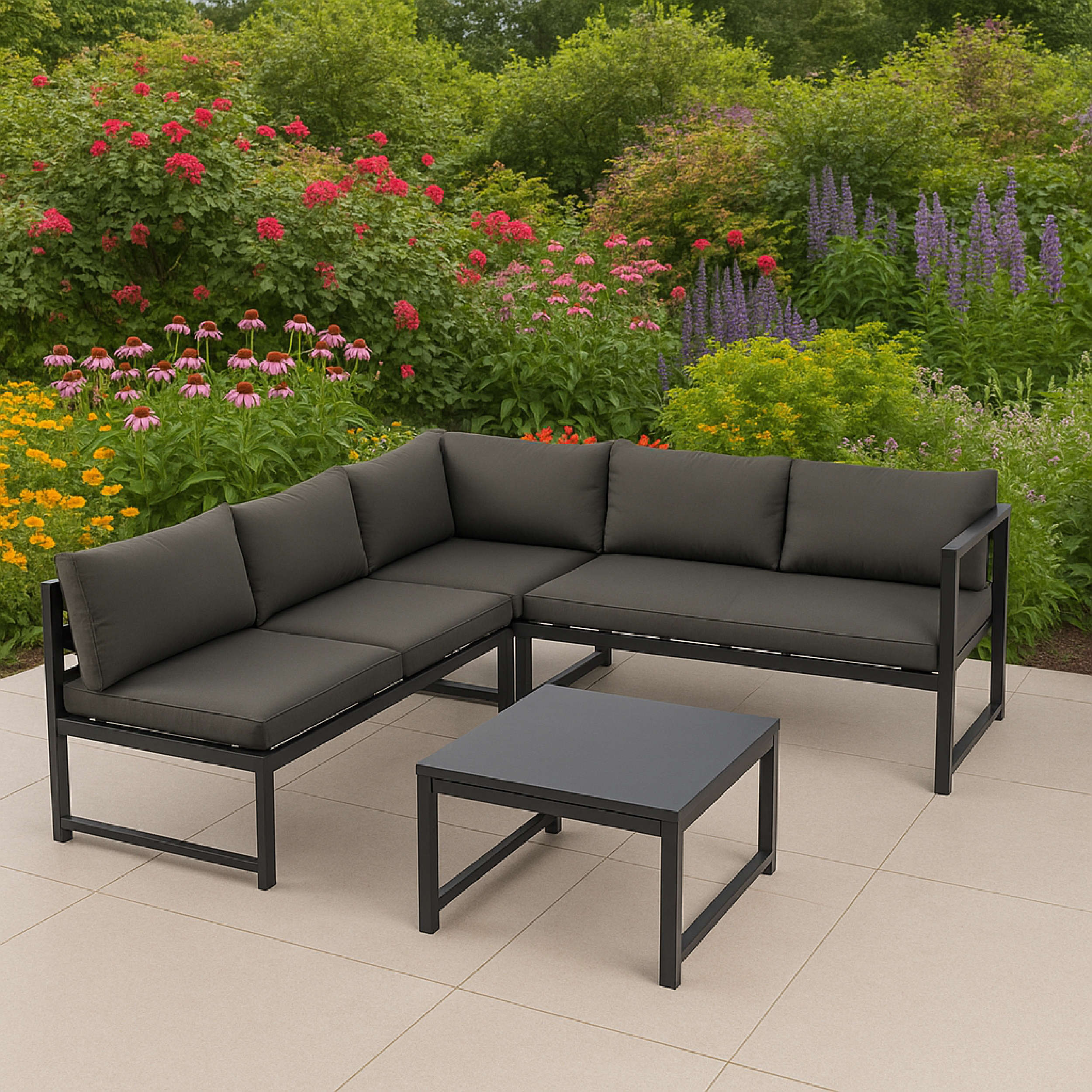 Dunkelgraue Gartenlounge mit Tisch auf gefliester Terrasse, blühender Garten im Hintergrund.