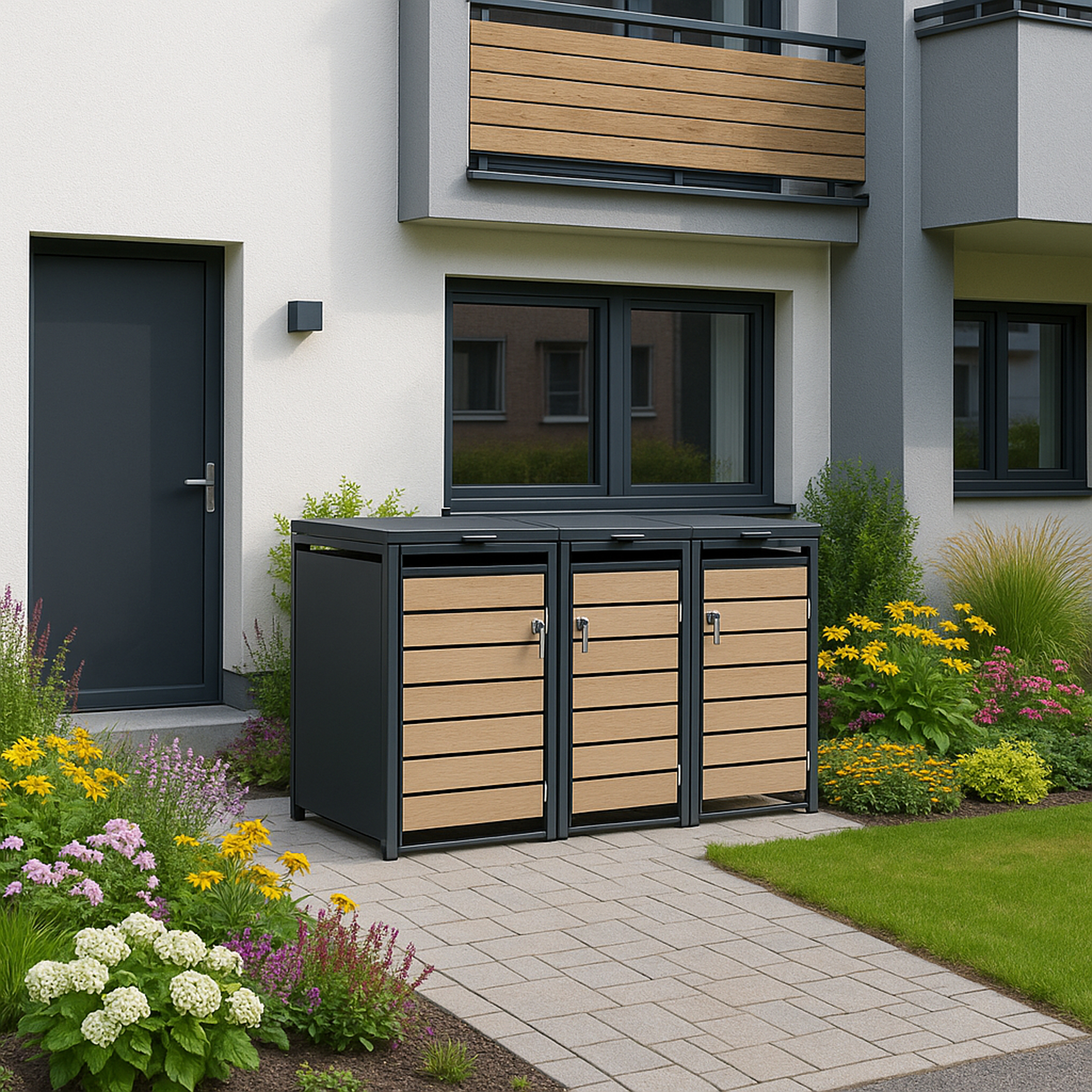 Moderne Mülltonnenboxen mit Holzakzenten vor einem Haus, umgeben von Blumen.