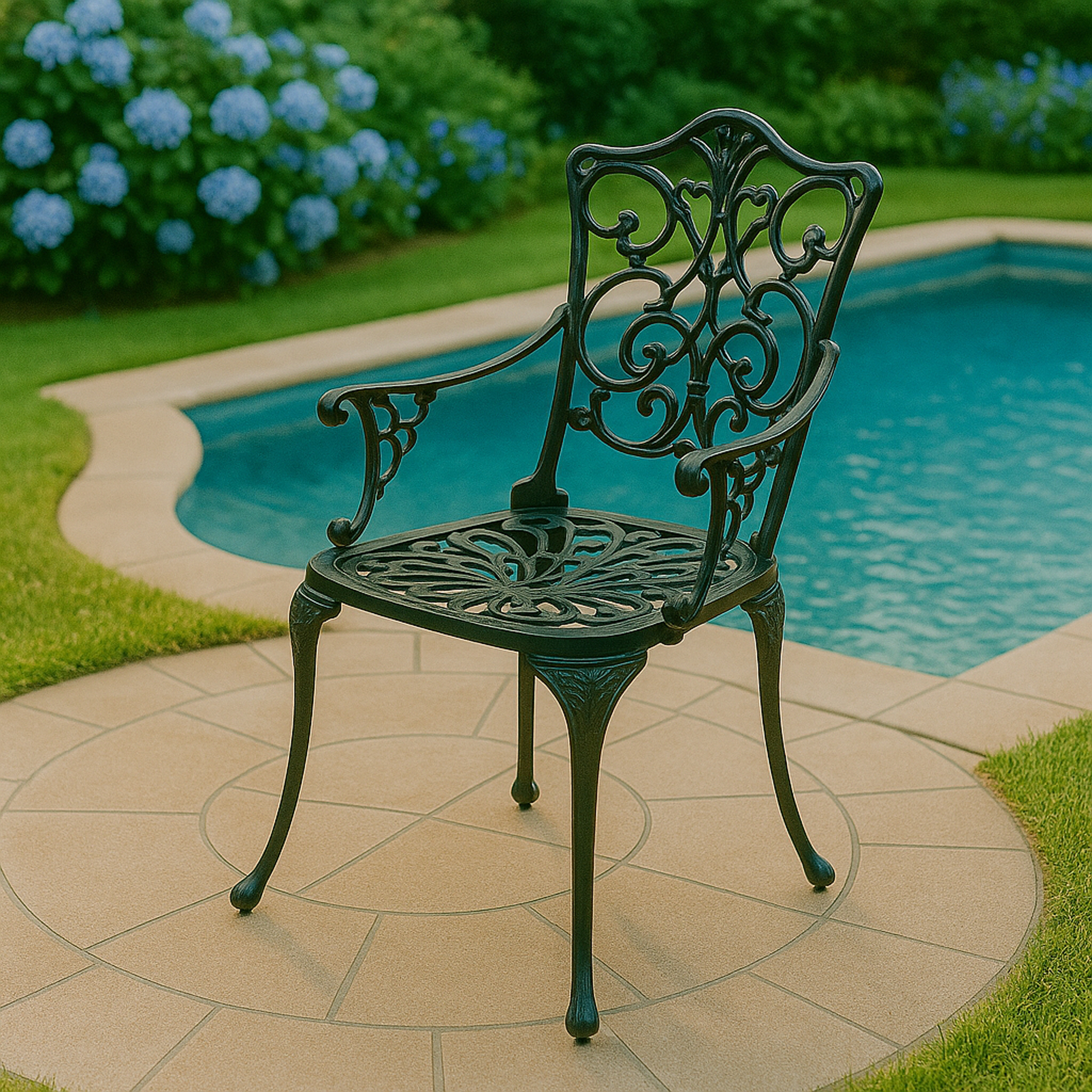 Verzierter schwarzer Metallstuhl neben blauem Pool mit Hortensien und Gras.