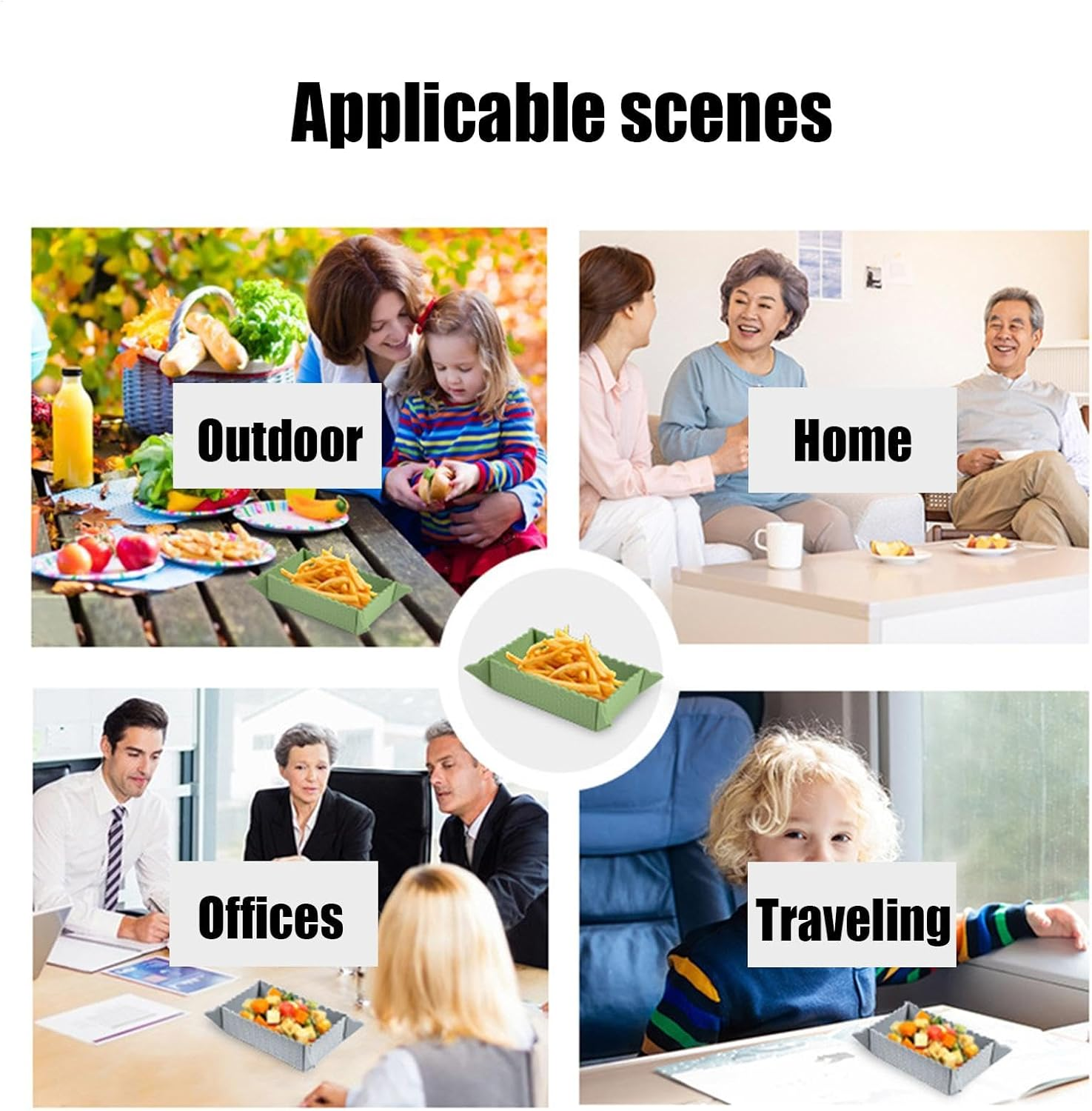 Vier Szenen: Picknick, Zuhause, Büro, Reise. Mit Essen und Menschen.