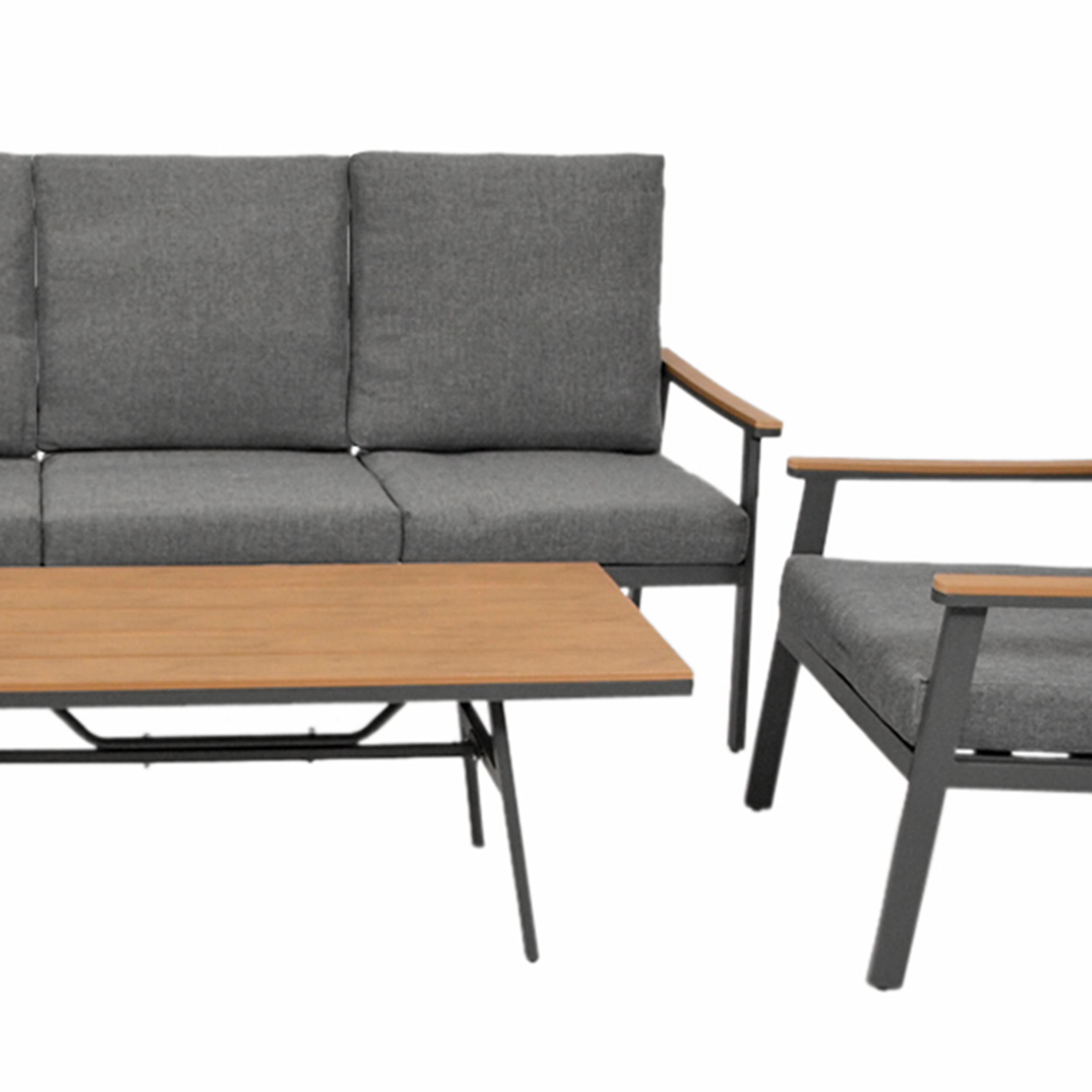 Graues Sofa, Sessel und Holztisch mit Metallgestell.