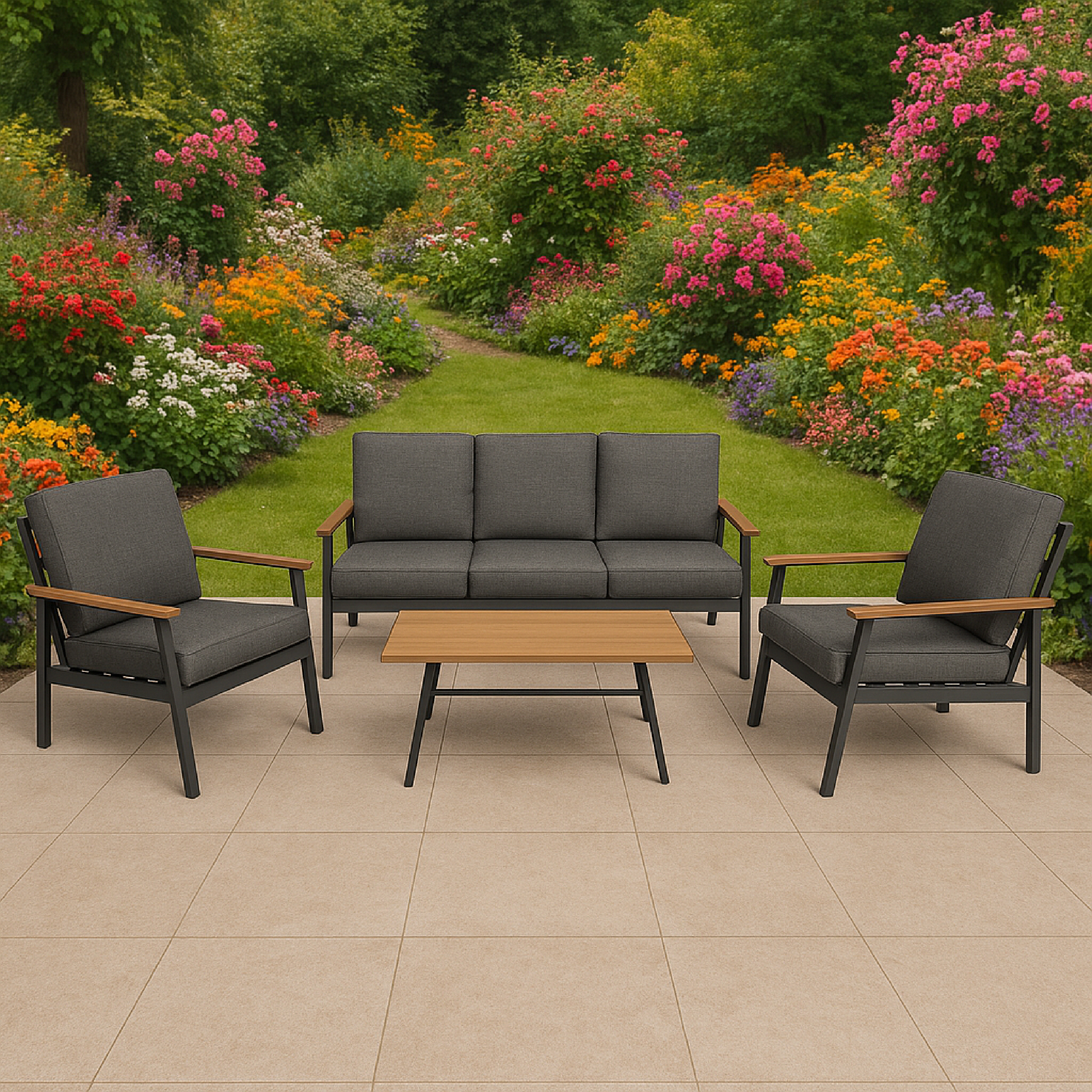 Dunkelgraue Gartenmöbel mit Holzakzenten stehen auf einer gefliesten Terrasse.