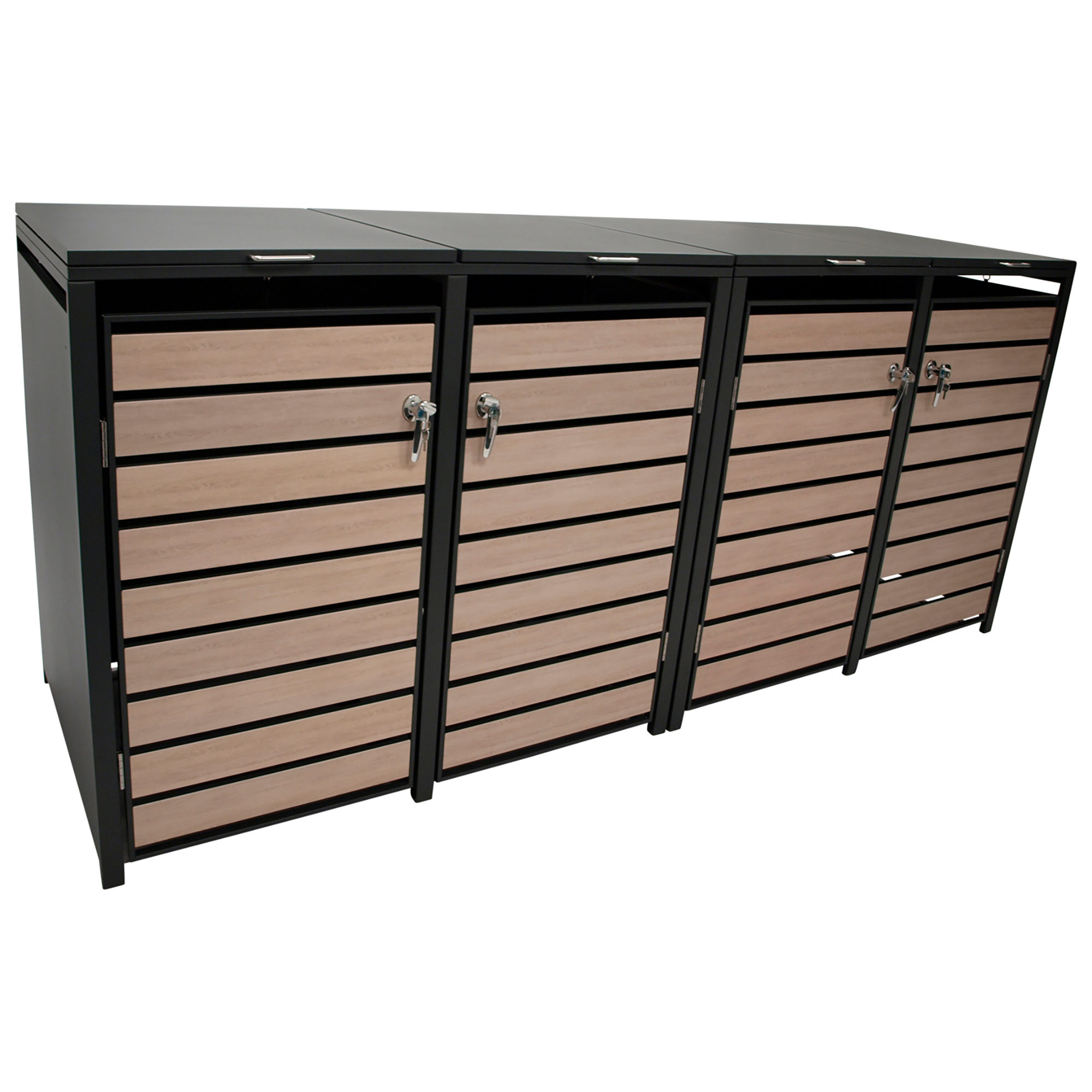 Drei schwarze Metallboxen mit Holzfronten und Schlössern.