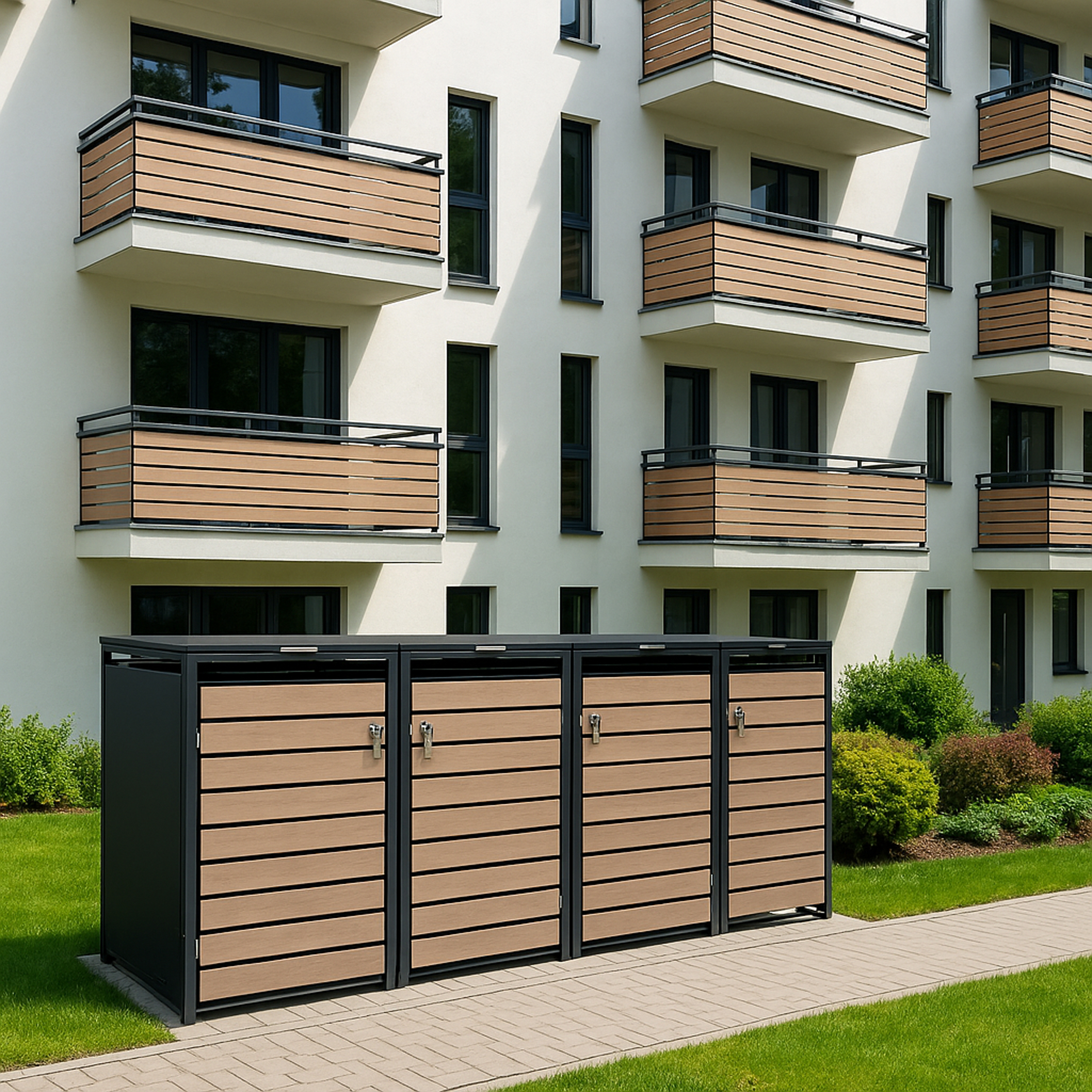 Moderne Apartmentgebäude mit Balkonen und Mülltonnenboxen aus Holzoptik.