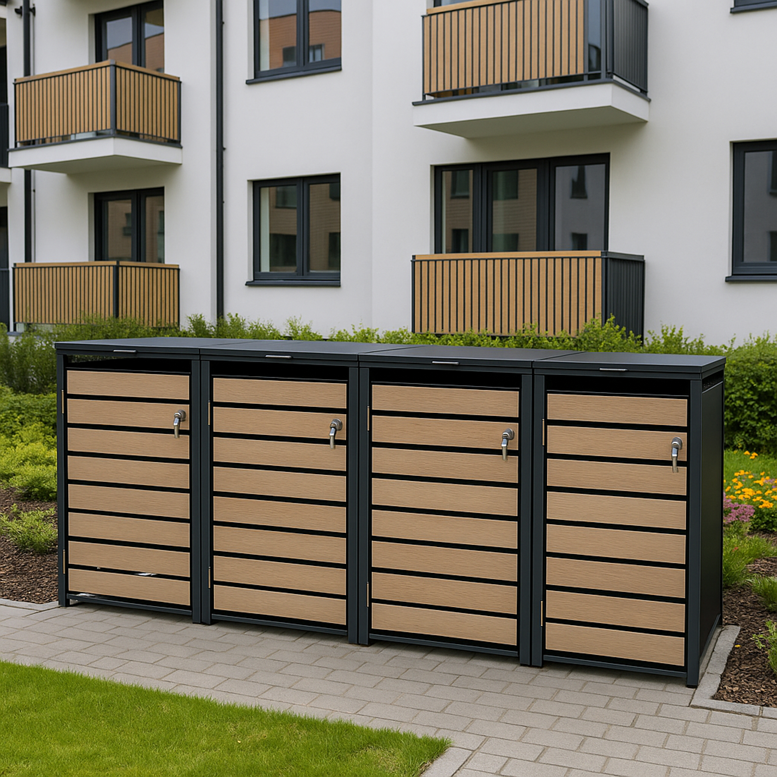 Reihe von vier Holzoptik-Mülltonnenboxen vor modernem Gebäude.
