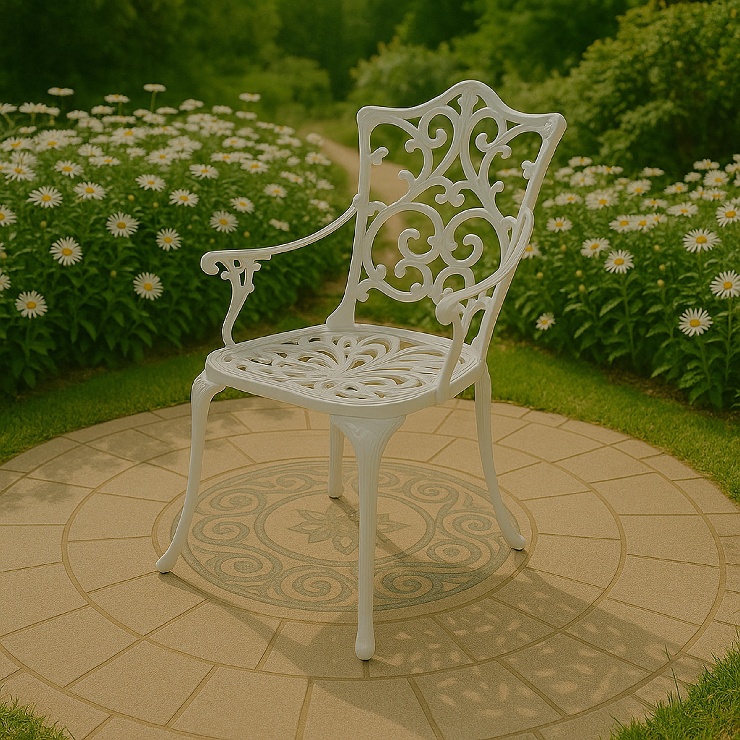Eine weiße Gartenstuhl steht auf einem Kreis aus Steinplatten, umgeben von Gänseblümchen.