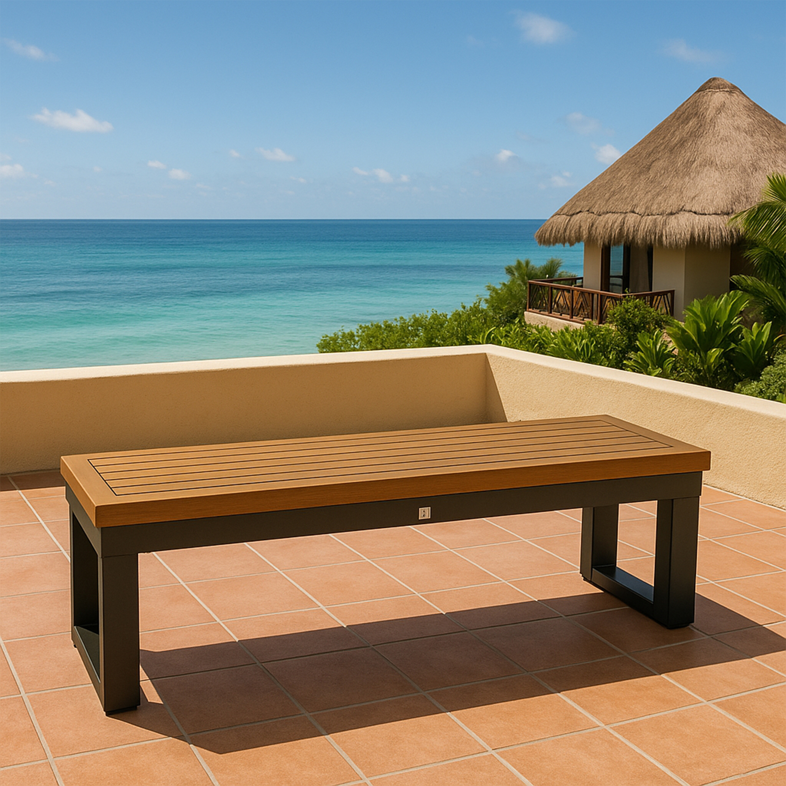 Eine hölzerne Sitzbank mit schwarzem Metallrahmen steht auf einer gefliesten Terrasse am Meer.