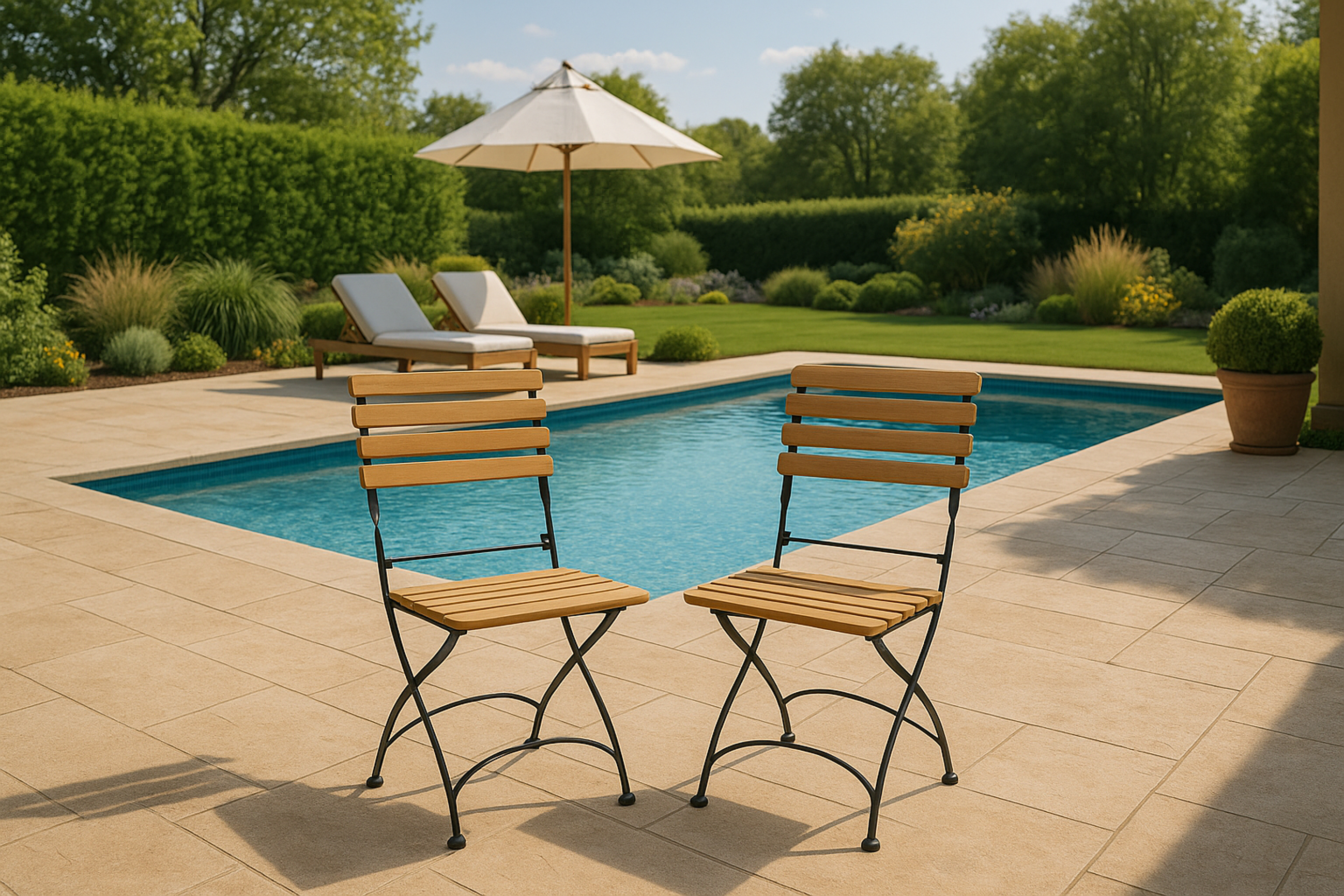 Zwei Holzstühle stehen vor einem Pool mit Liegestühlen und Sonnenschirm.