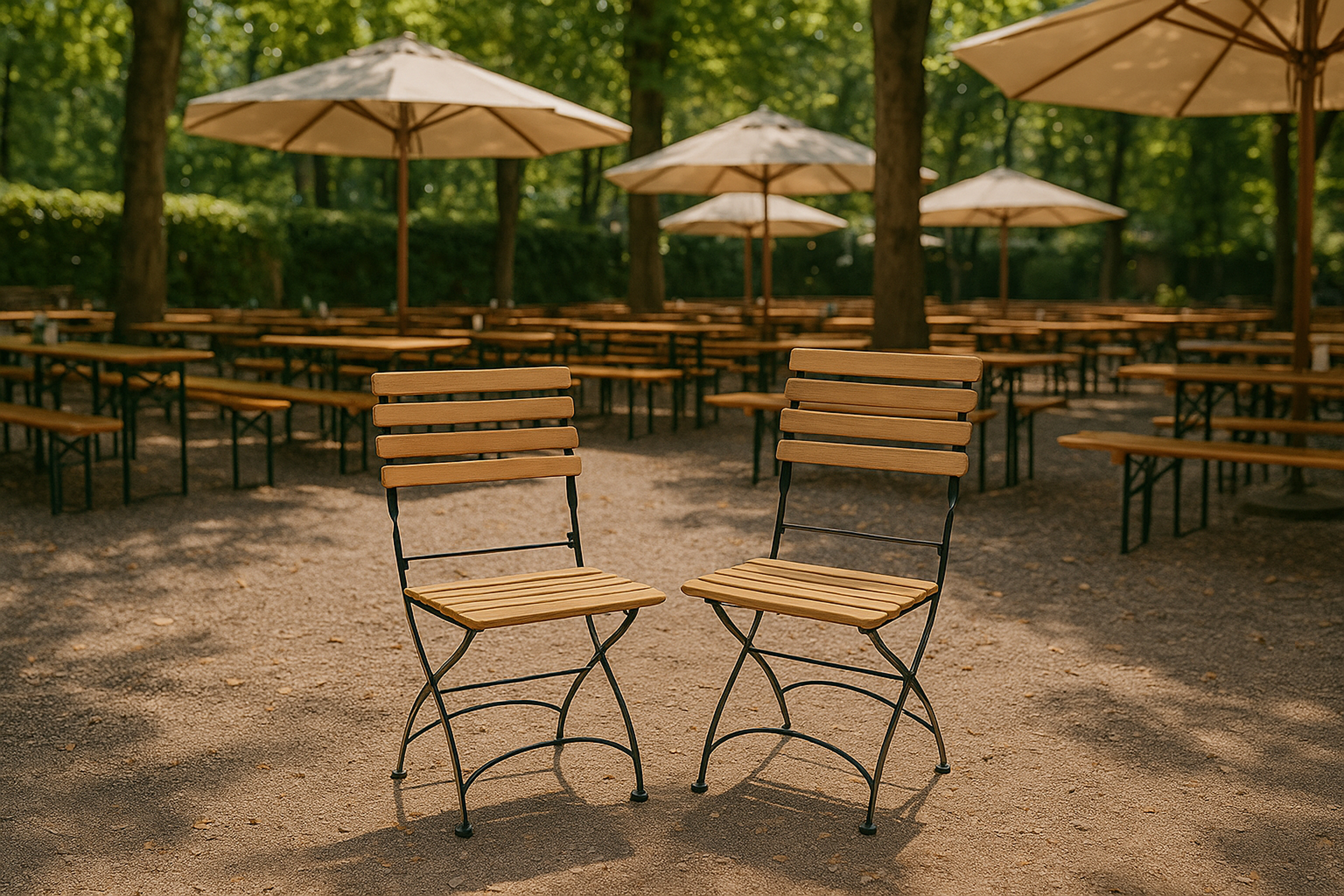Zwei Holzsessel stehen auf einem Kiesweg vor vielen leeren Biergartentischen.