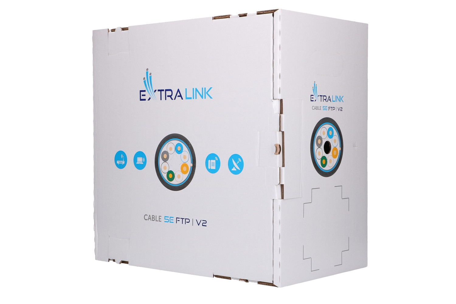 Scatola bianca con logo "EXTRALINK CABLE SE FTP V2" e schema cavo.