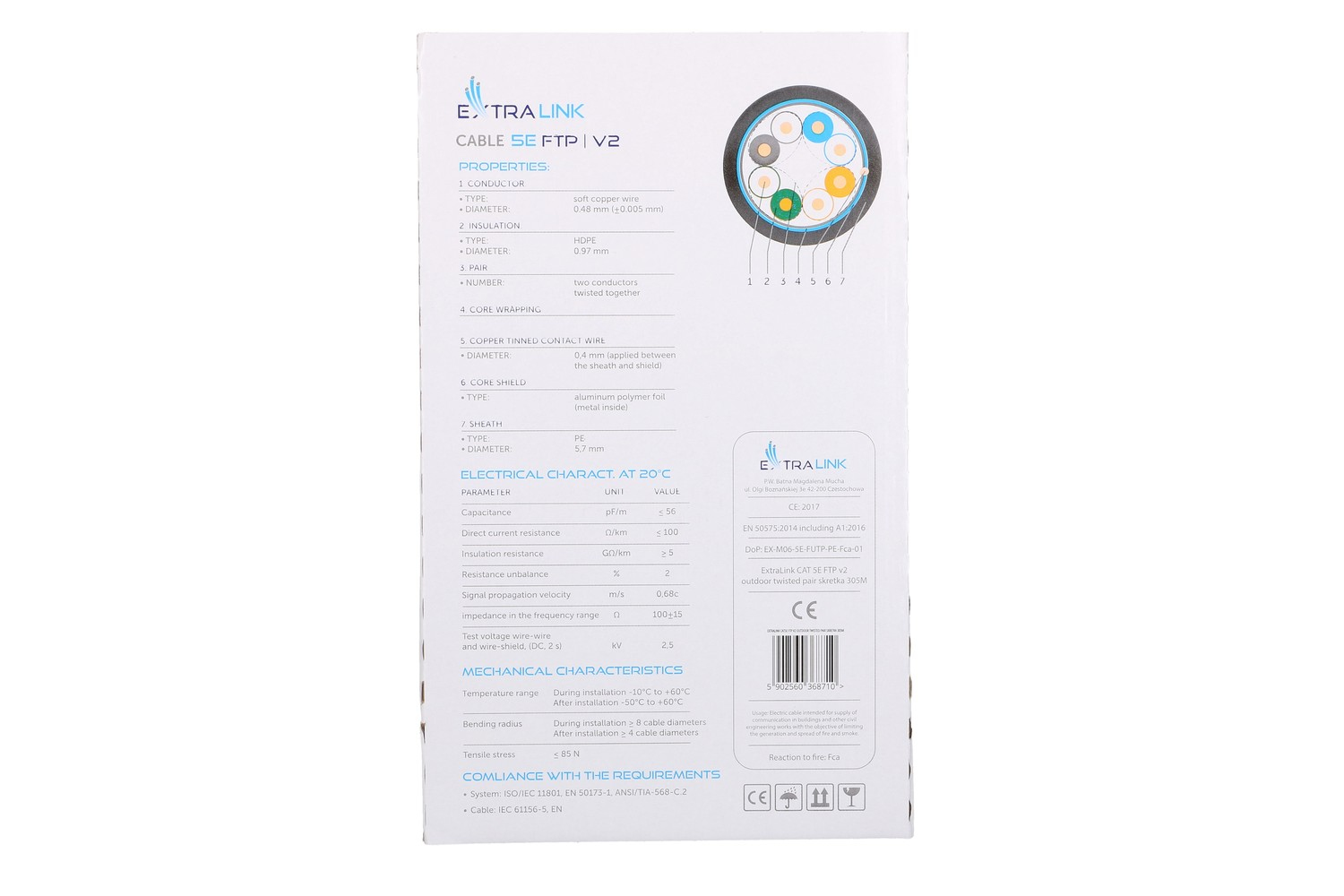 Specifiche del cavo ExtraLink CAT 5E FTP v2 con schema della sezione trasversale.