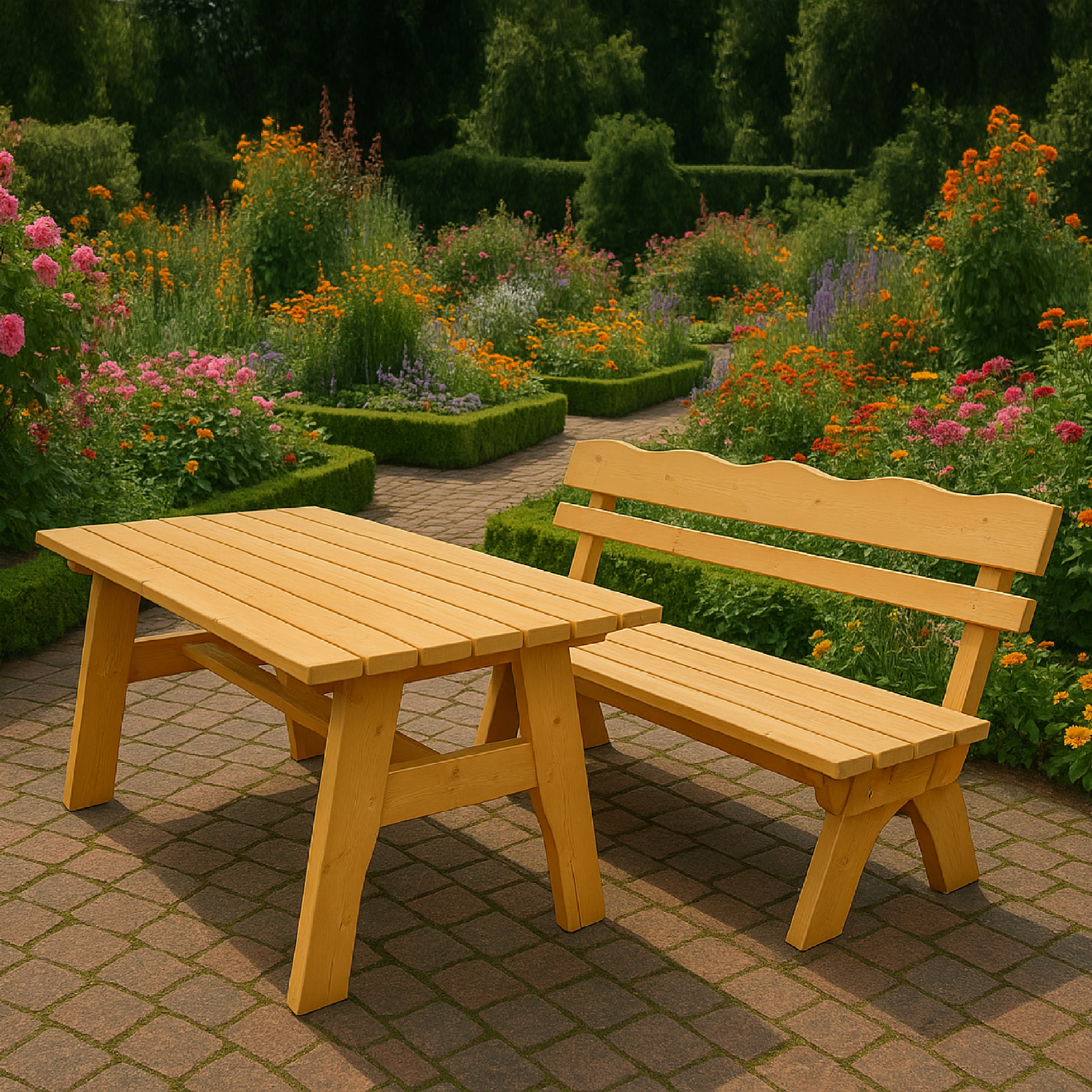 Ein gelbes Holzgartenmöbel-Set steht auf einem Steinweg inmitten eines Blumenbeets.