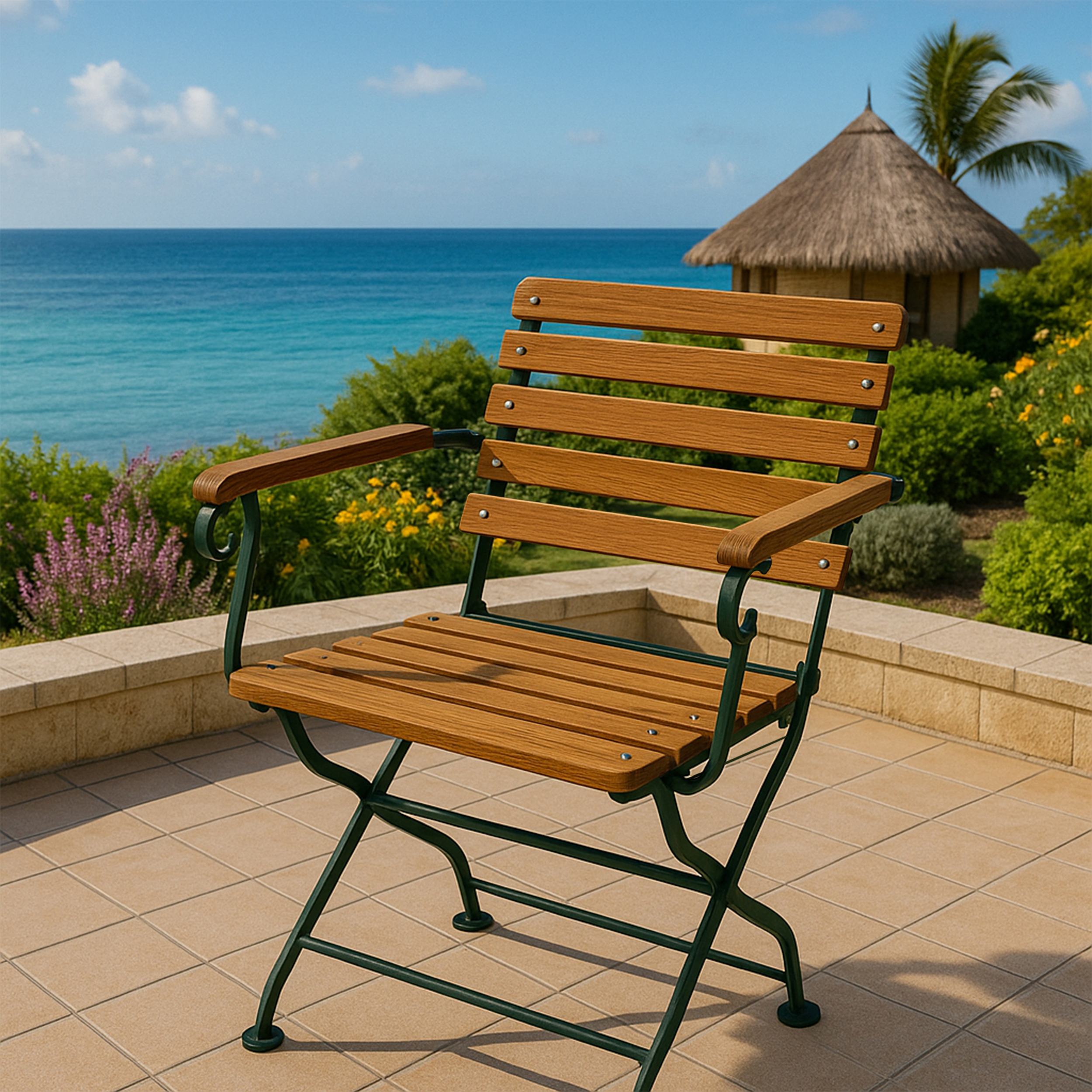 Eine hölzerne Gartenliege mit dunklem Metallgestell steht auf einer gefliesten Terrasse am Meer.