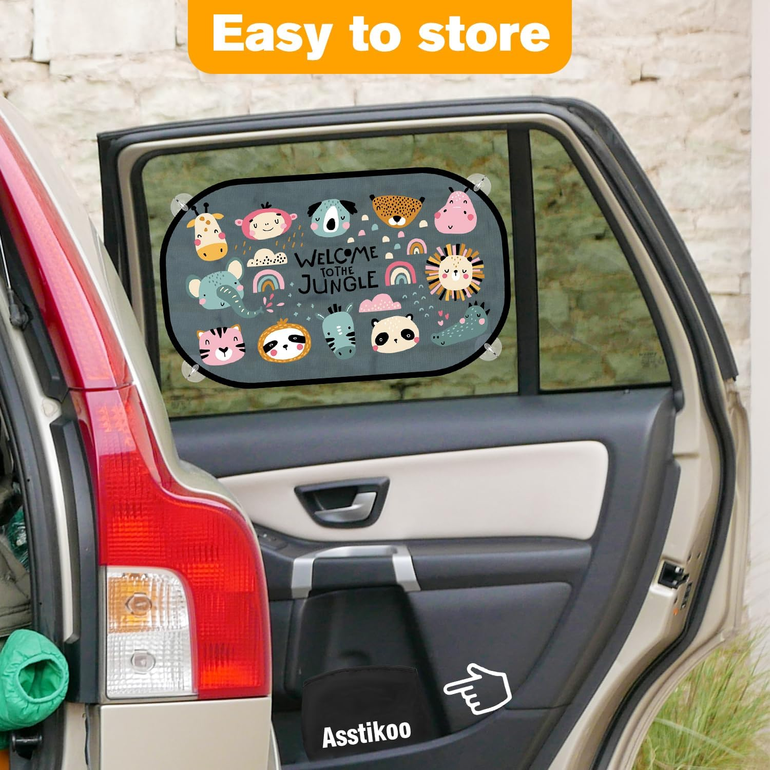 Autofenster-Sonnenschutz mit Dschungeltier-Motiv und Text 'Welcome to the Jungle'.