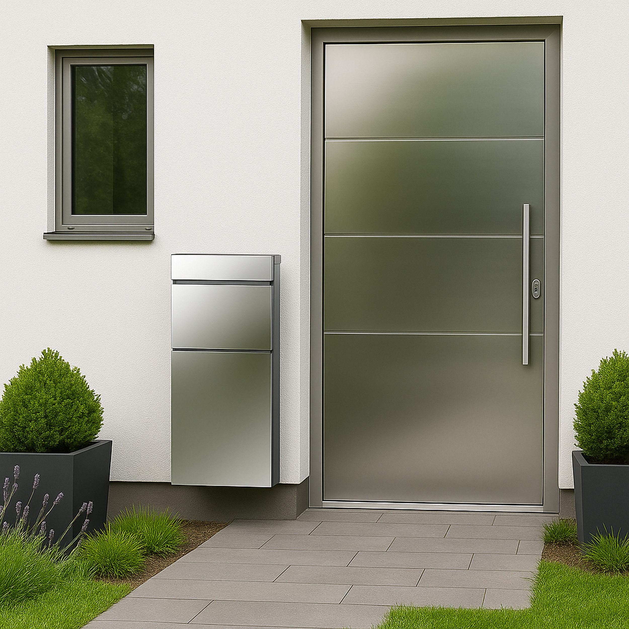 Moderne Haustür mit Fenster, Briefkasten und Pflanzen.