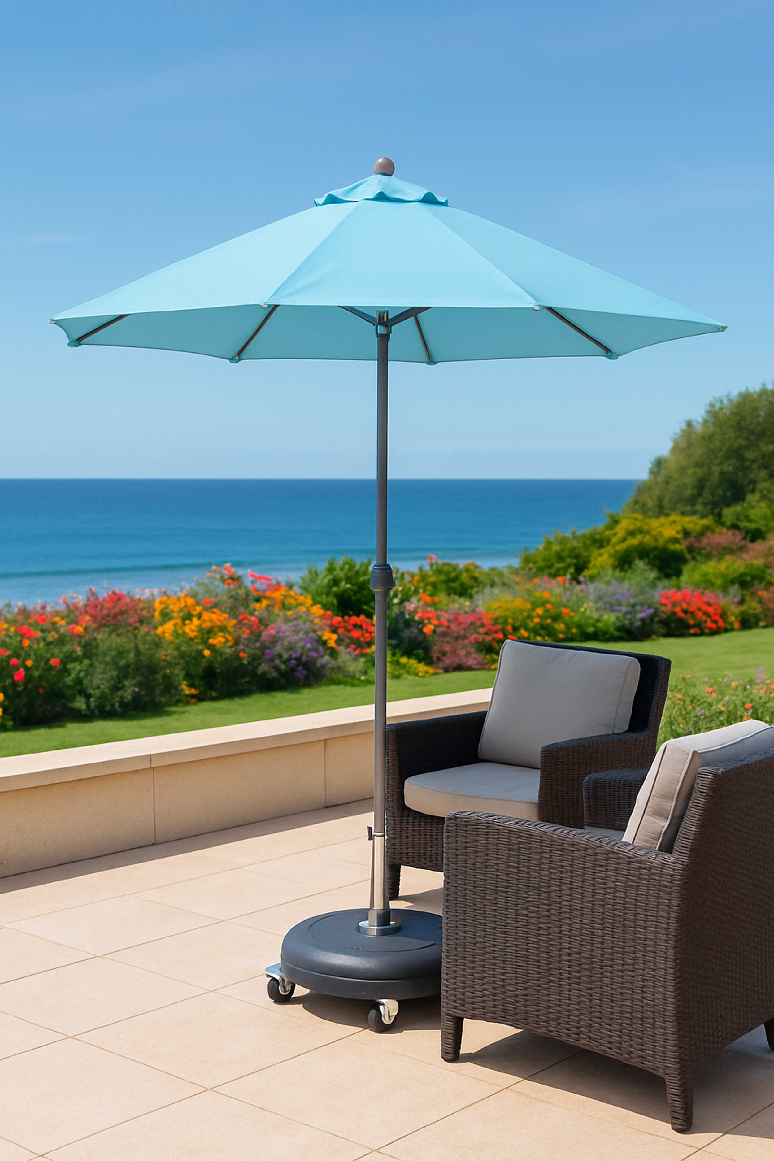 Ein hellblauer Sonnenschirm über zwei Korbstühlen auf einer Terrasse am Meer.