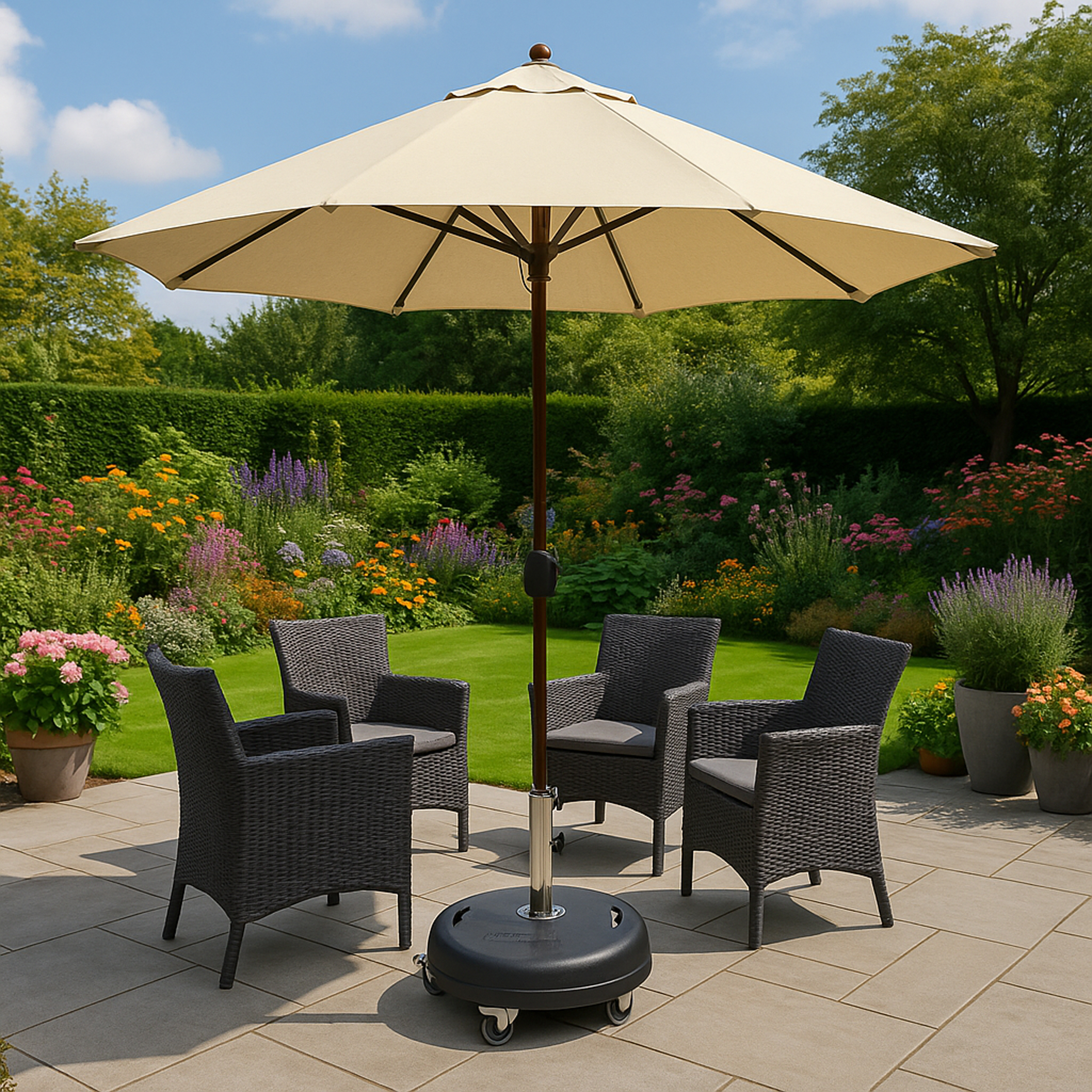 Ein Gartenmöbel-Set mit vier dunklen Rattanstühlen unter einem cremefarbenen Sonnenschirm.