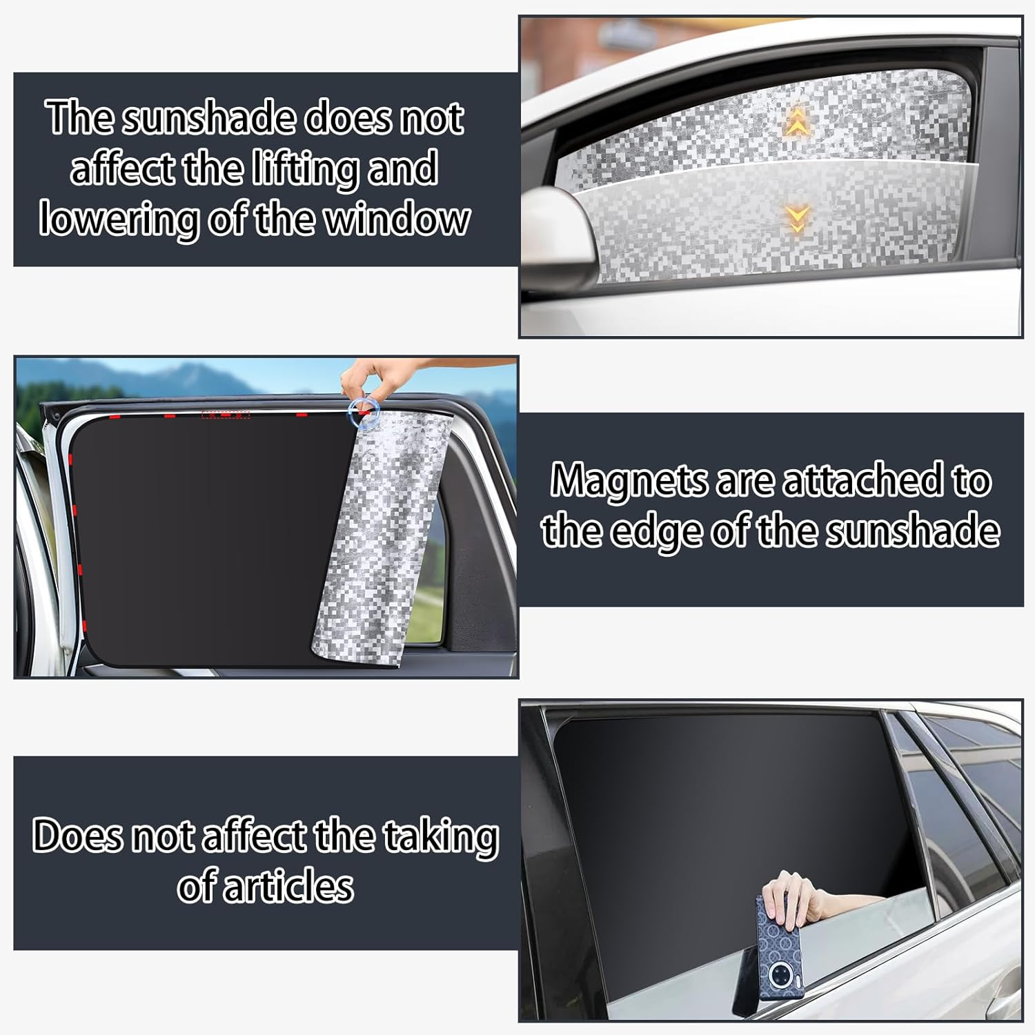 Auto-Sonnenschutz wird gezeigt, der an Fenstern befestigt wird und die Sicht nicht beeinträchtigt.