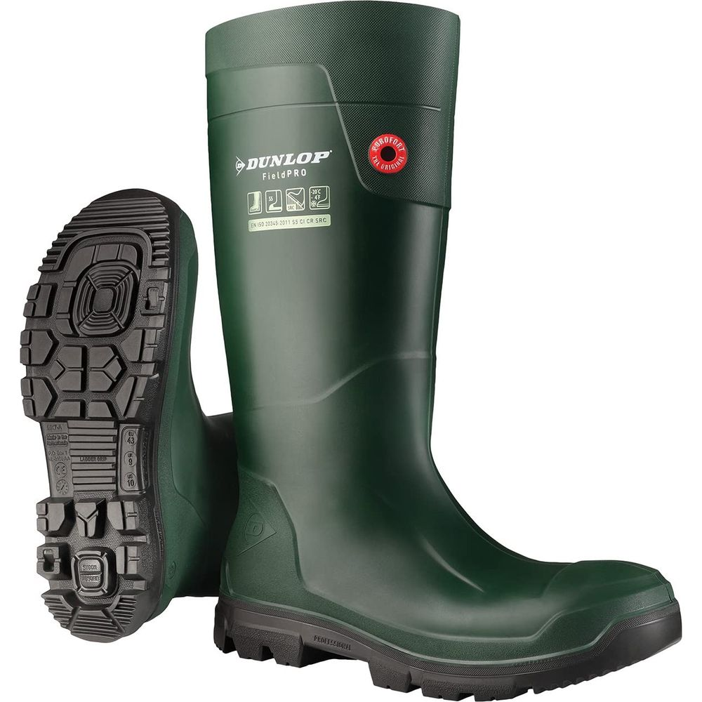 Grüne Dunlop FieldPRO Gummistiefel mit detaillierter Sohle und Zertifizierungen.