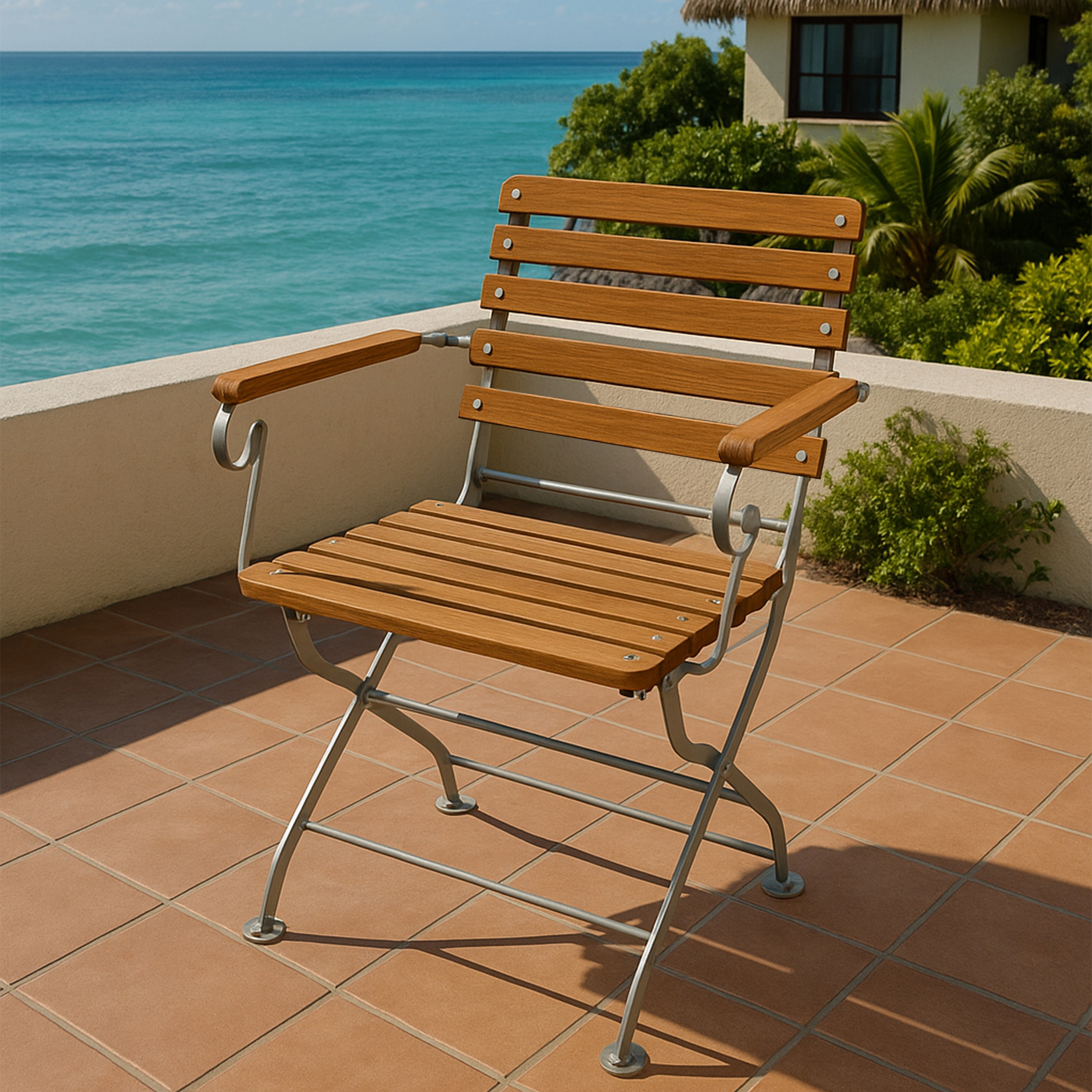 Eine Holzgartenliege mit Metallgestell steht auf einer gefliesten Terrasse am Meer.