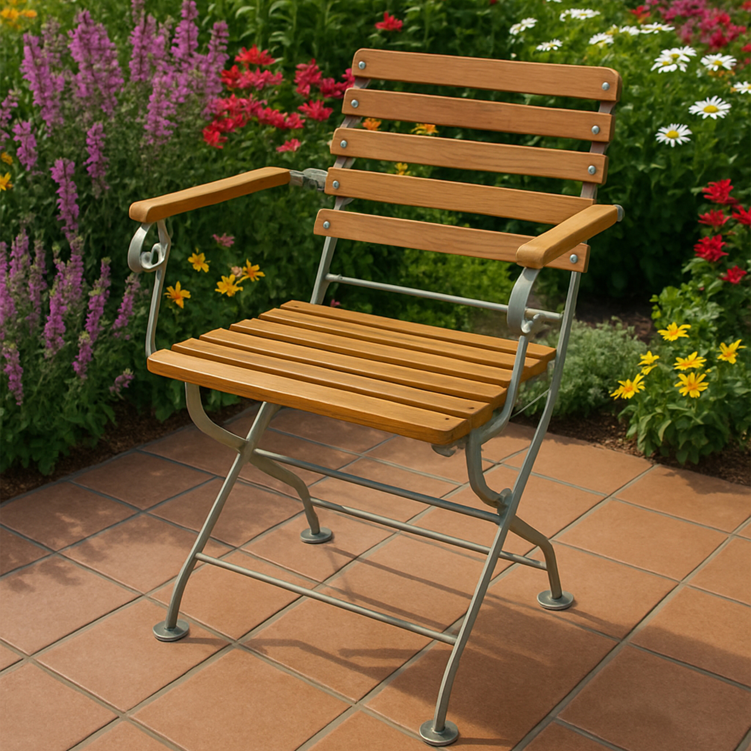 Ein hölzerner Gartenstuhl steht auf einer Terrakotta-Terrasse vor blühenden Blumen.