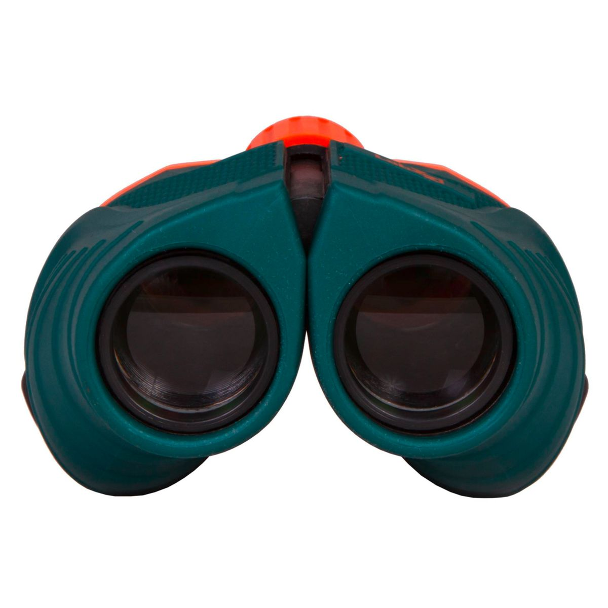Binocolo verde e arancione, su sfondo bianco.