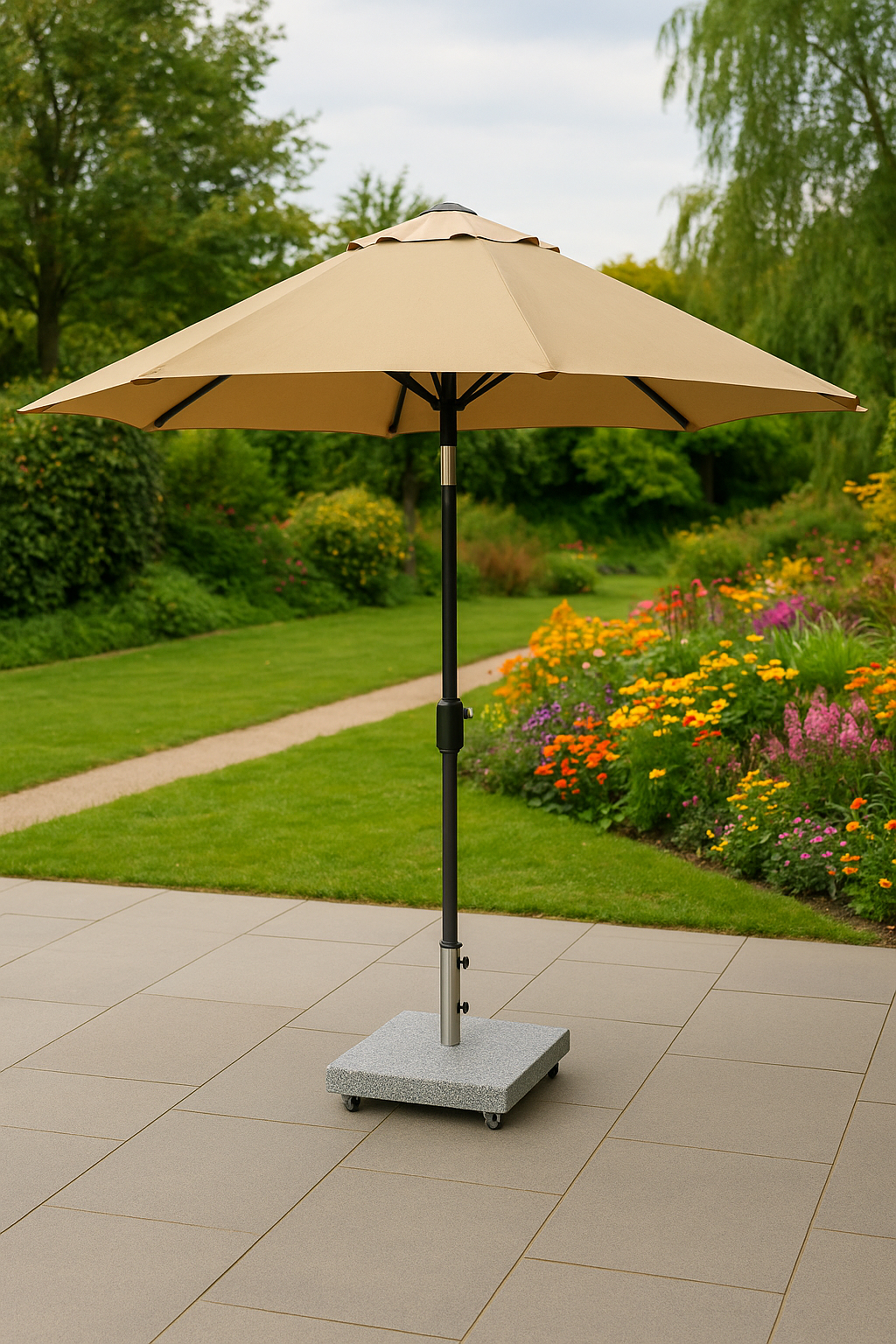 Ein beiger Sonnenschirm steht auf einer gepflasterten Terrasse neben einem blühenden Garten.