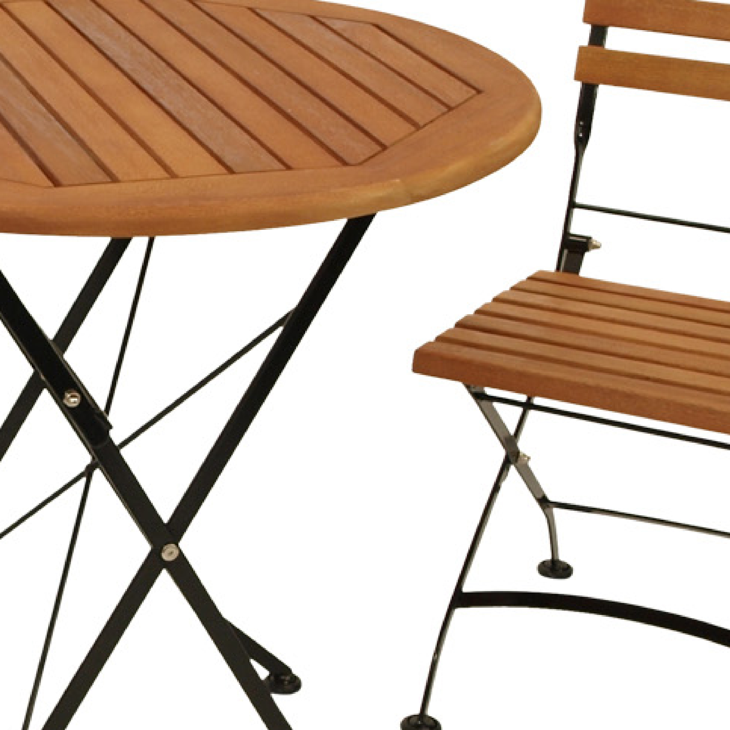 Brauner Holztisch und Stuhl mit schwarzen Metallbeinen.