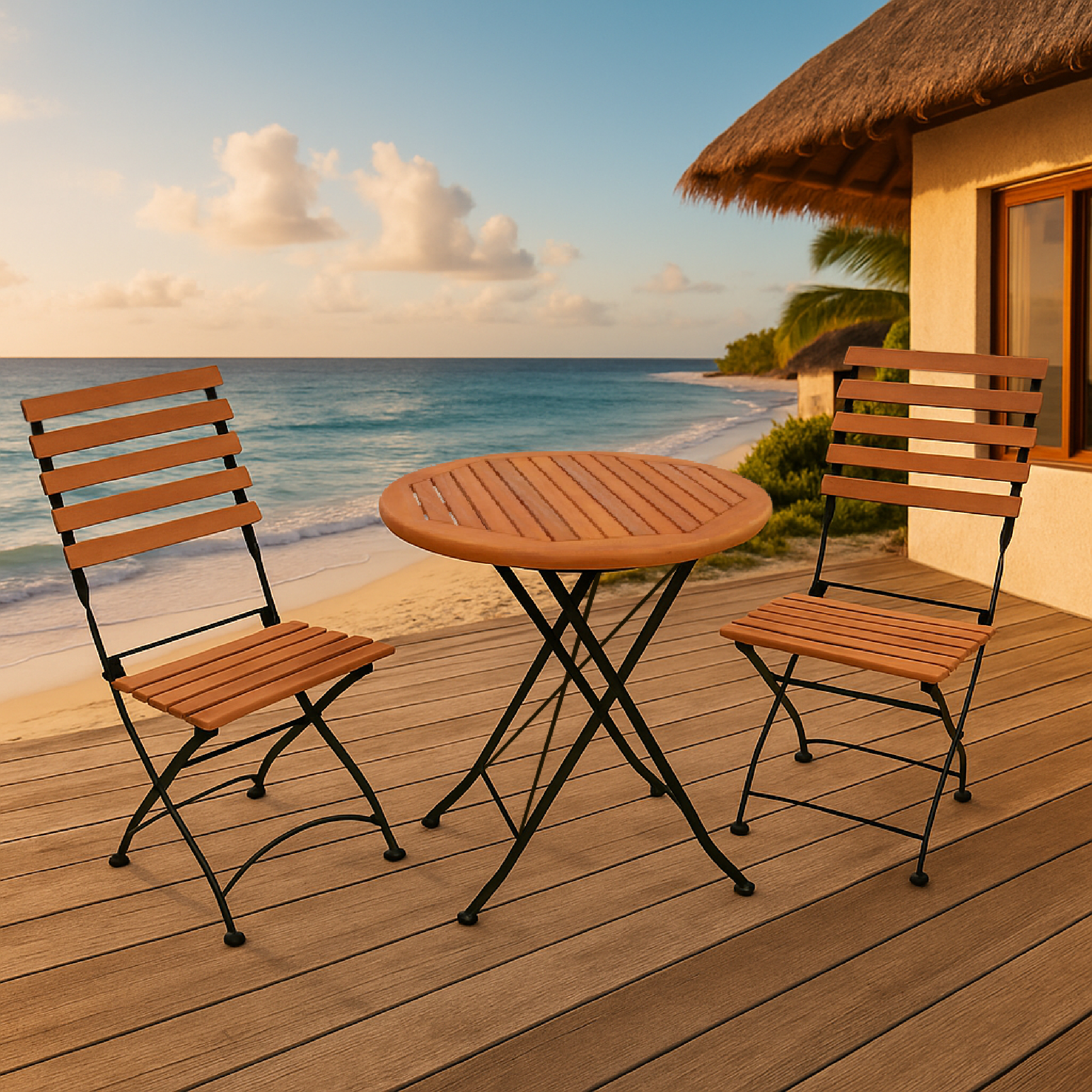 Ein Holztisch und zwei Stühle stehen auf einer Holzterrasse am Strand.