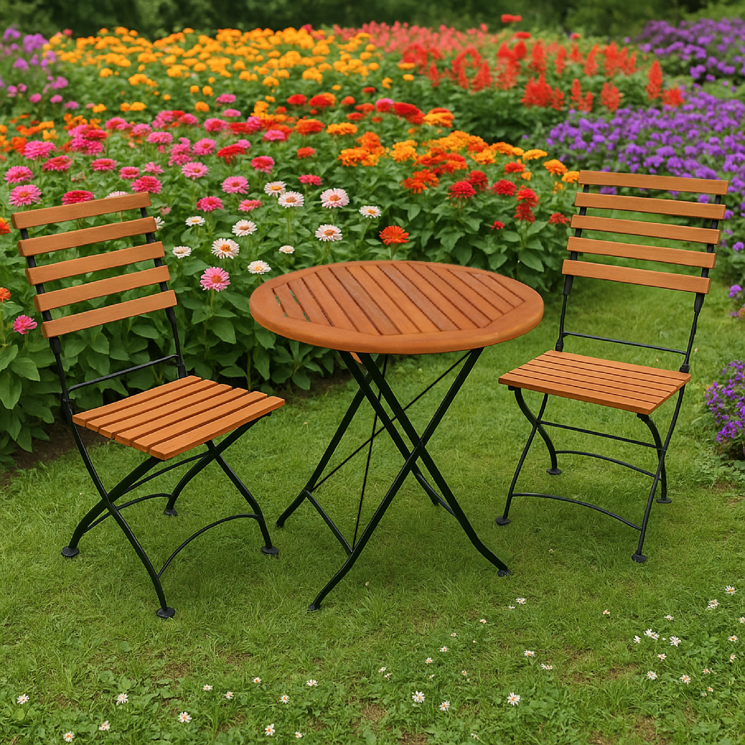 Ein runder Holztisch und zwei Stühle stehen auf einer grünen Wiese mit bunten Blumen.