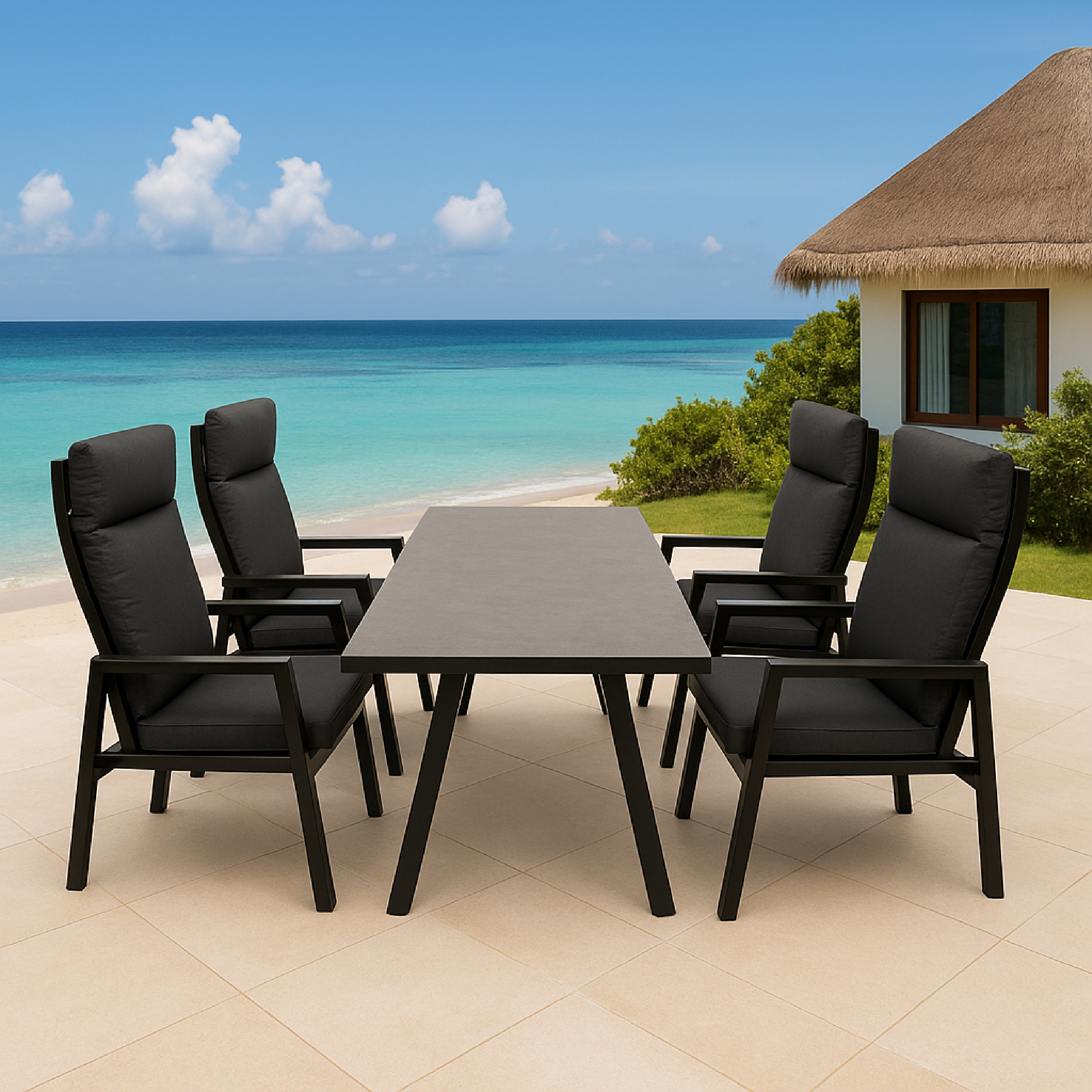 Ein Tisch mit vier schwarzen Stühlen am Strand vor dem Meer.