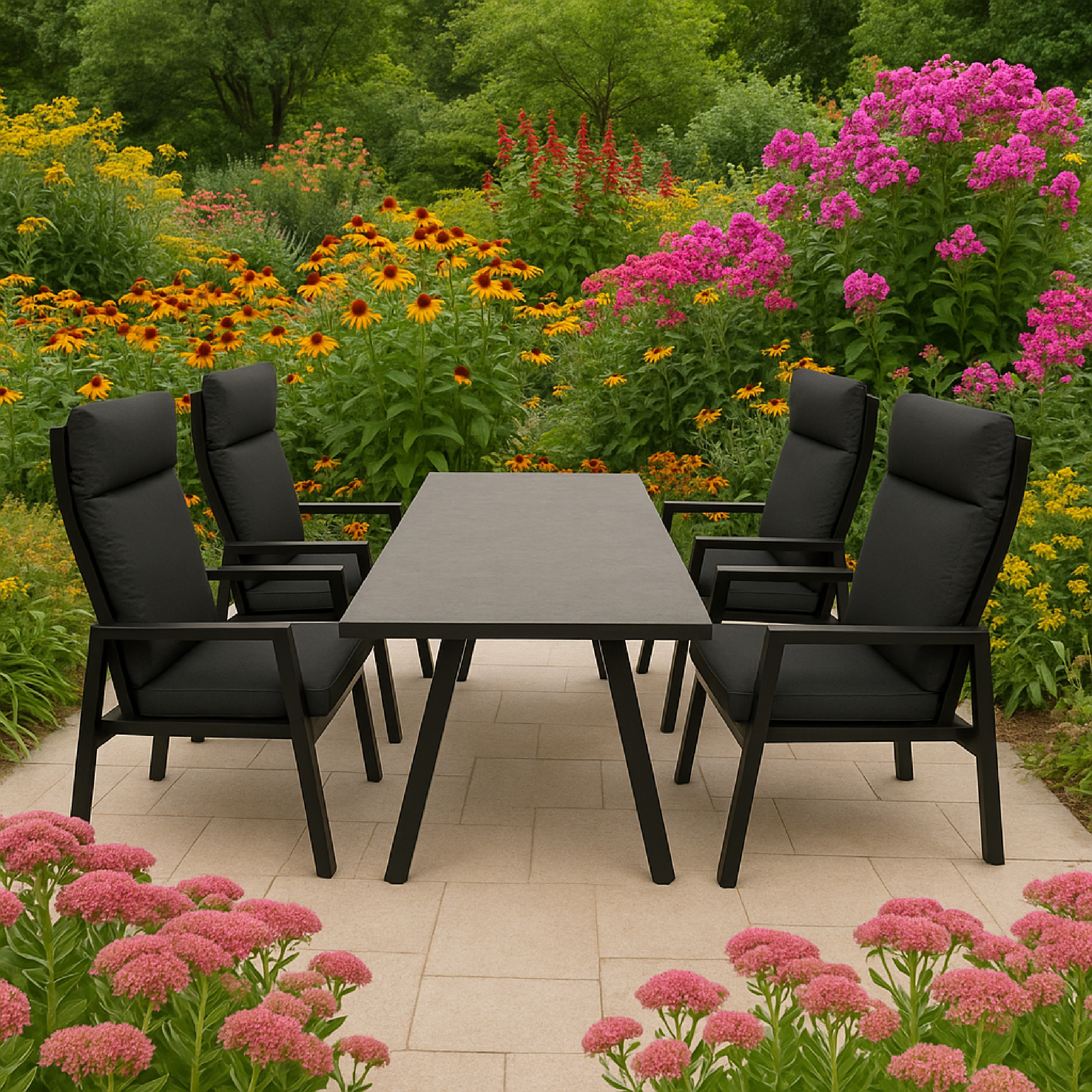 Ein schwarzer Tisch mit vier Stühlen in einem blühenden Garten mit gelben und pinken Blumen.