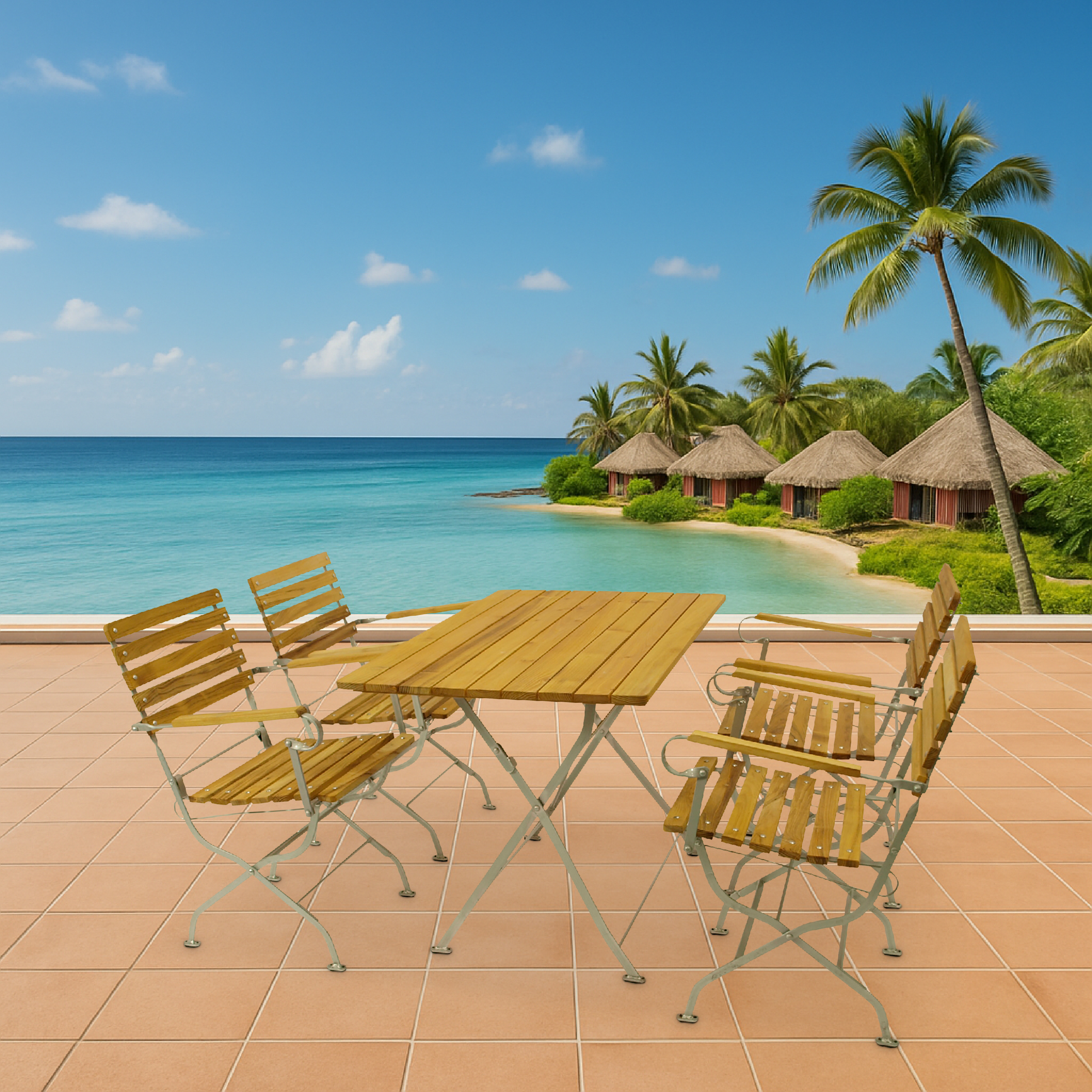 Holztisch und Stühle auf Terrassenfliesen mit tropischem Strand im Hintergrund.