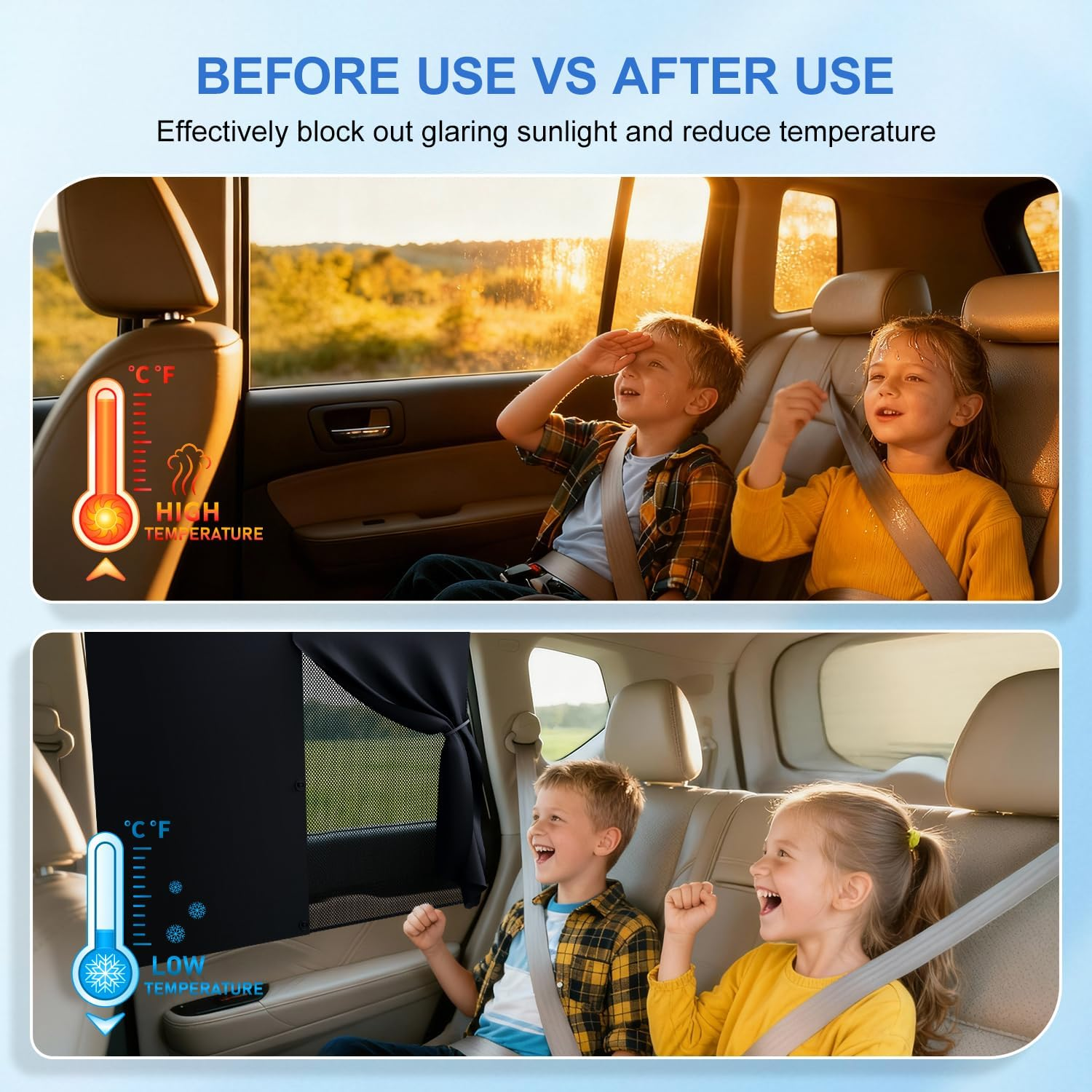 Vorher und nachher Innenansicht Auto: Kinder in heißer Sonne vs kühler Schatten mit Fensterabdeckungen.