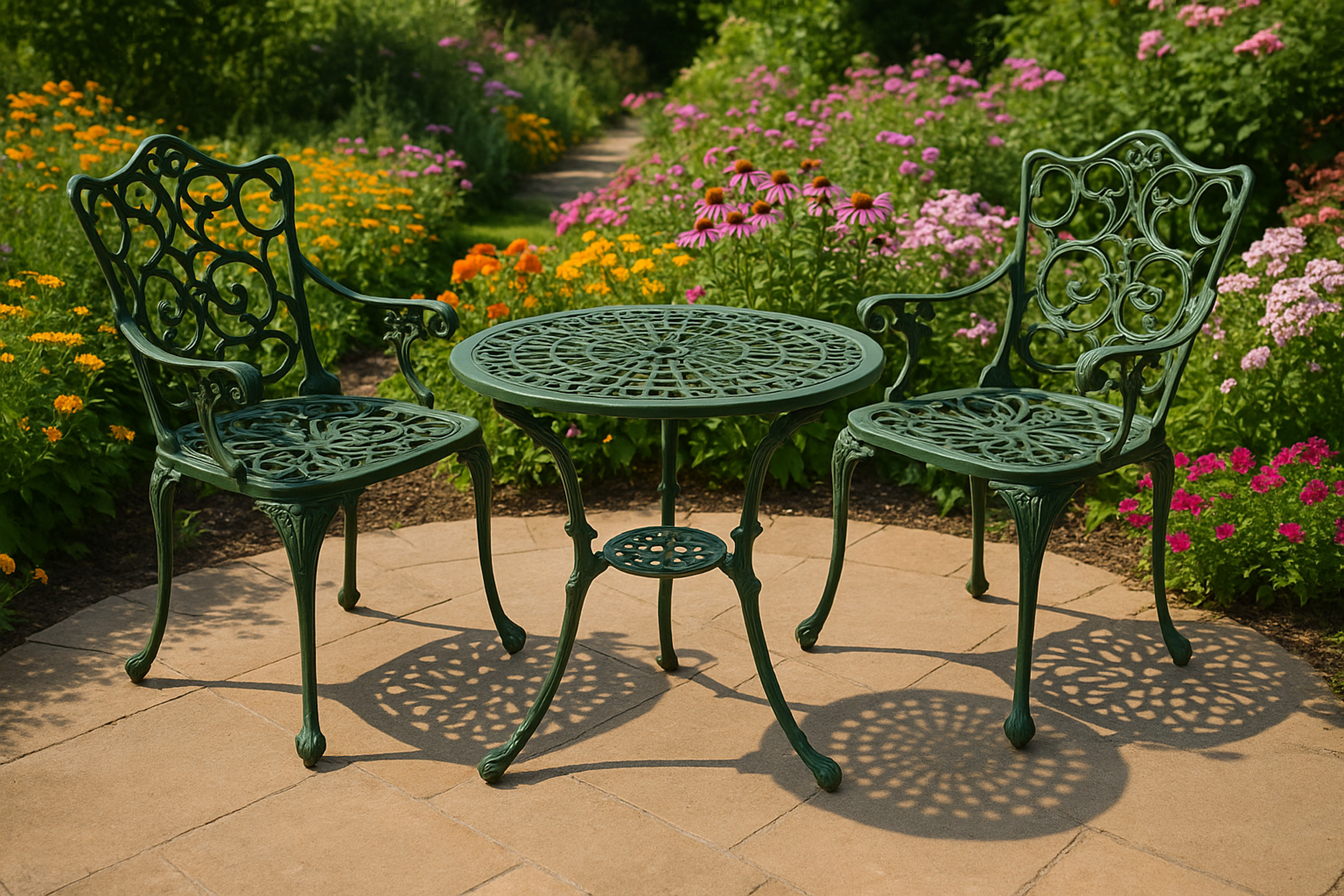 Grüner, verzierter Metalltisch und Stühle auf einer Terrasse, umgeben von blühenden Blumen.