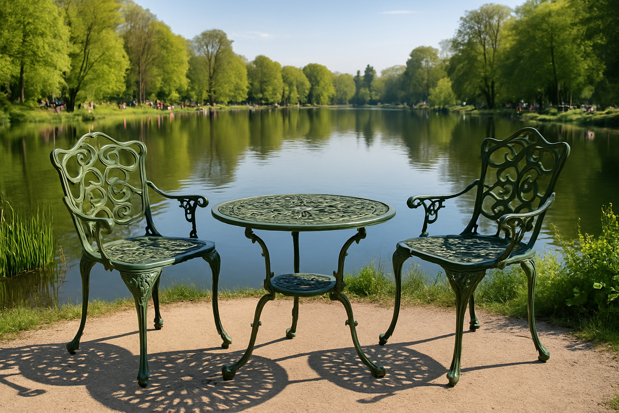 Zwei grüne Metallstühle und ein Tisch stehen am Ufer eines Sees mit Bäumen im Hintergrund.