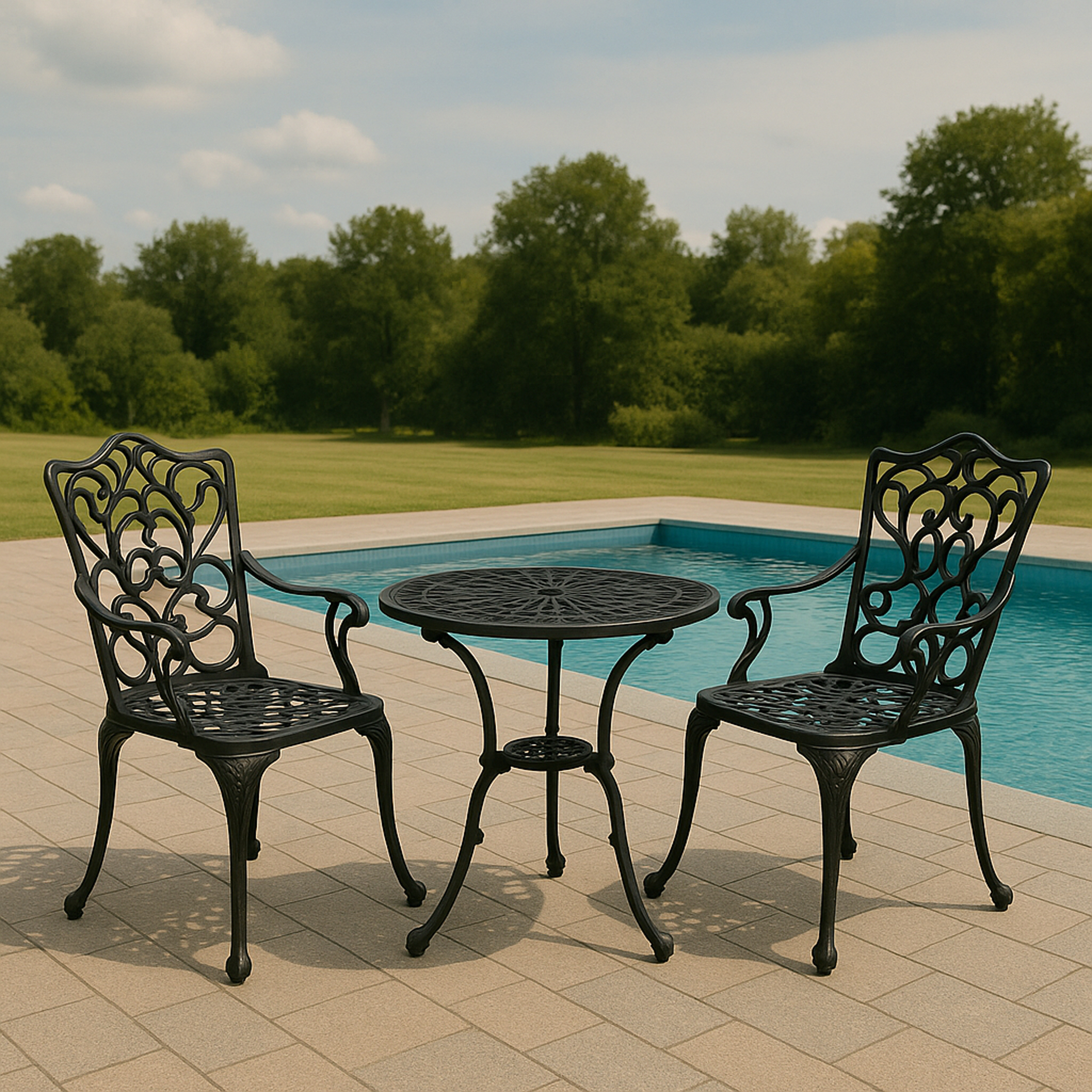 Ein schwarzer Metalltisch und zwei Stühle stehen neben einem Pool.