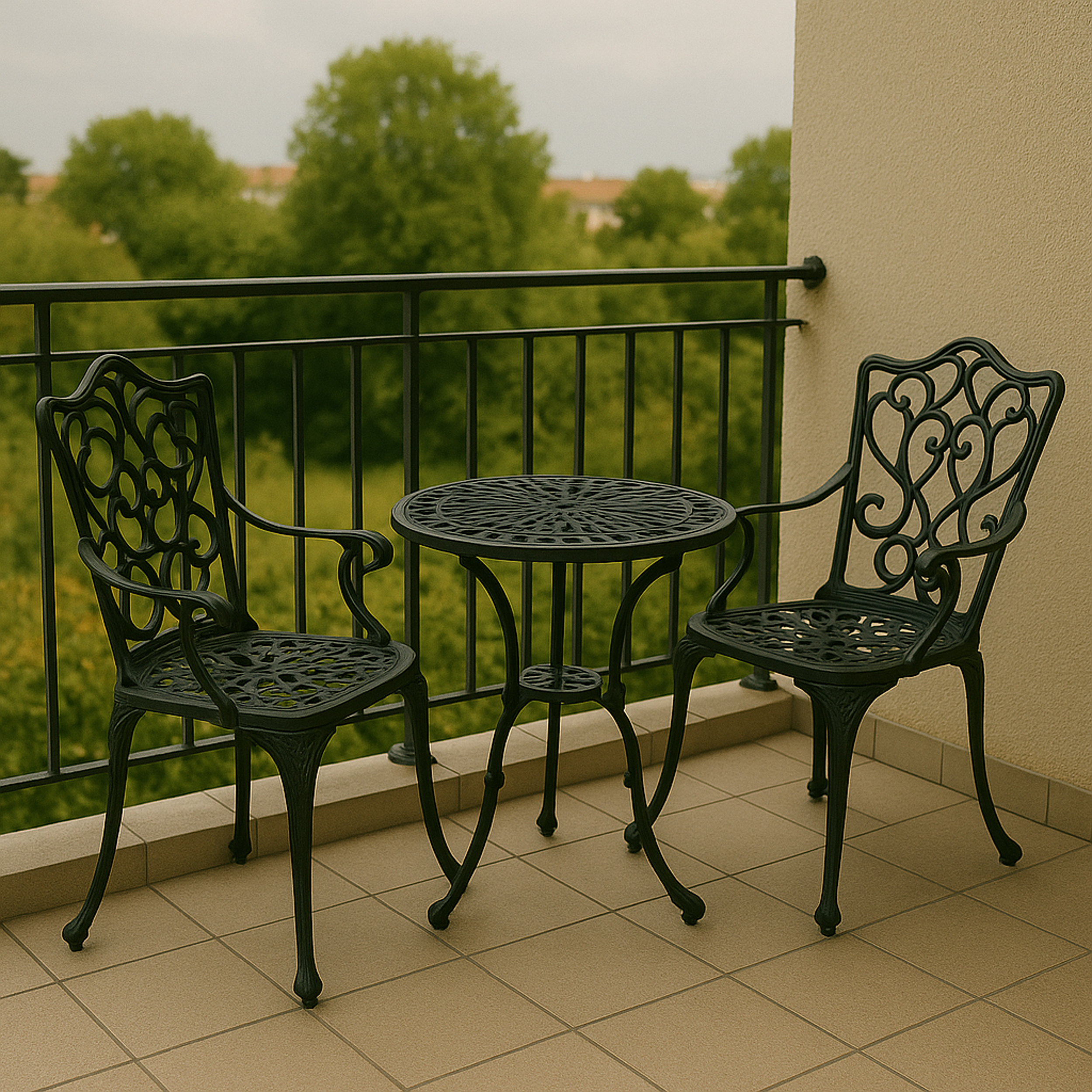 Ein schmiedeeisernes Balkonset mit zwei Stühlen und einem runden Tisch.