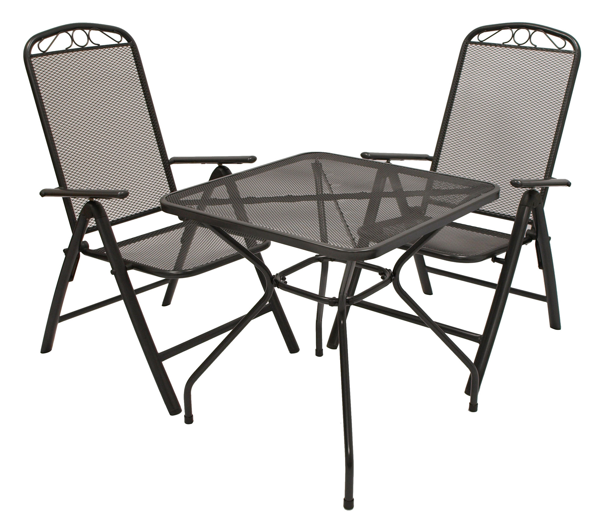 Ein dunkelgraues Metall-Gartentisch-Set mit zwei Stühlen und einem quadratischen Tisch.